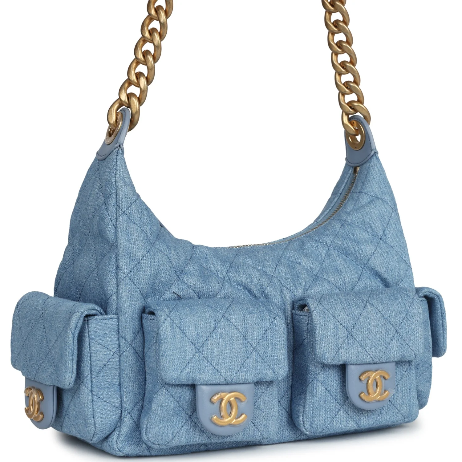 Large Cargo Hobo Bag Light Blue Washed Denim Brushed Gold Hardware