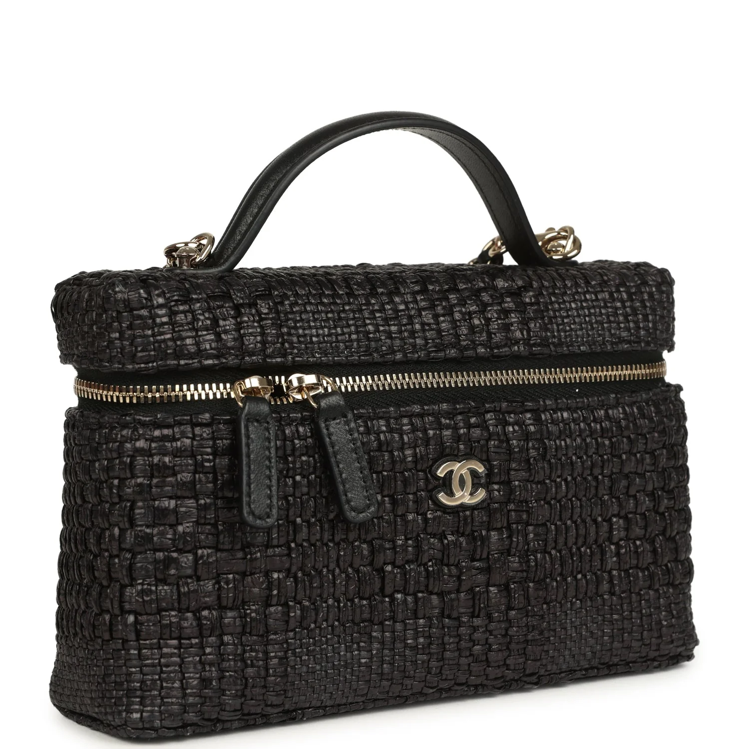 Top Handle Long Vanity Case with Chain Black Braided Raffia Light Gold Hardware