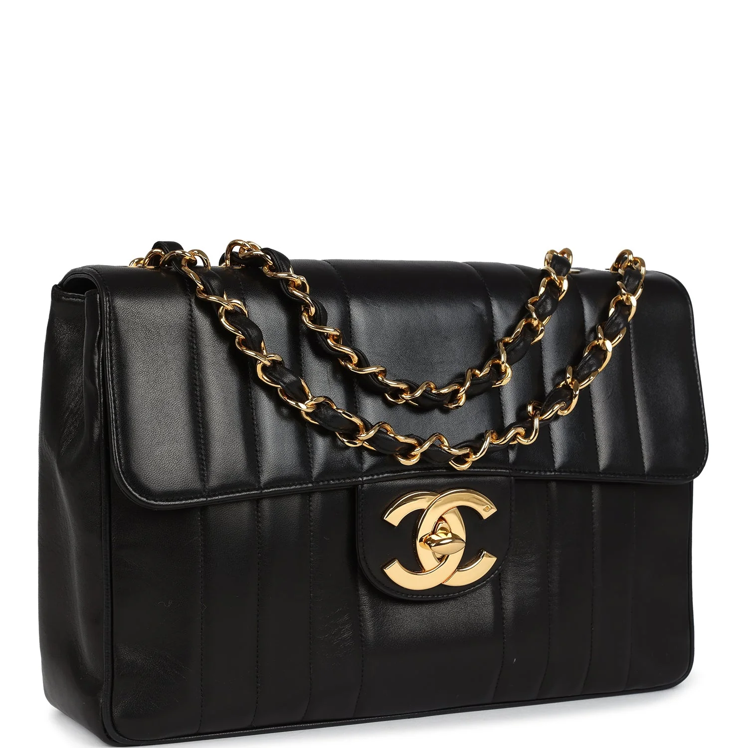 Vintage  Jumbo Classic Mademoiselle Vertical Flap Black Lambskin Gold Hardware