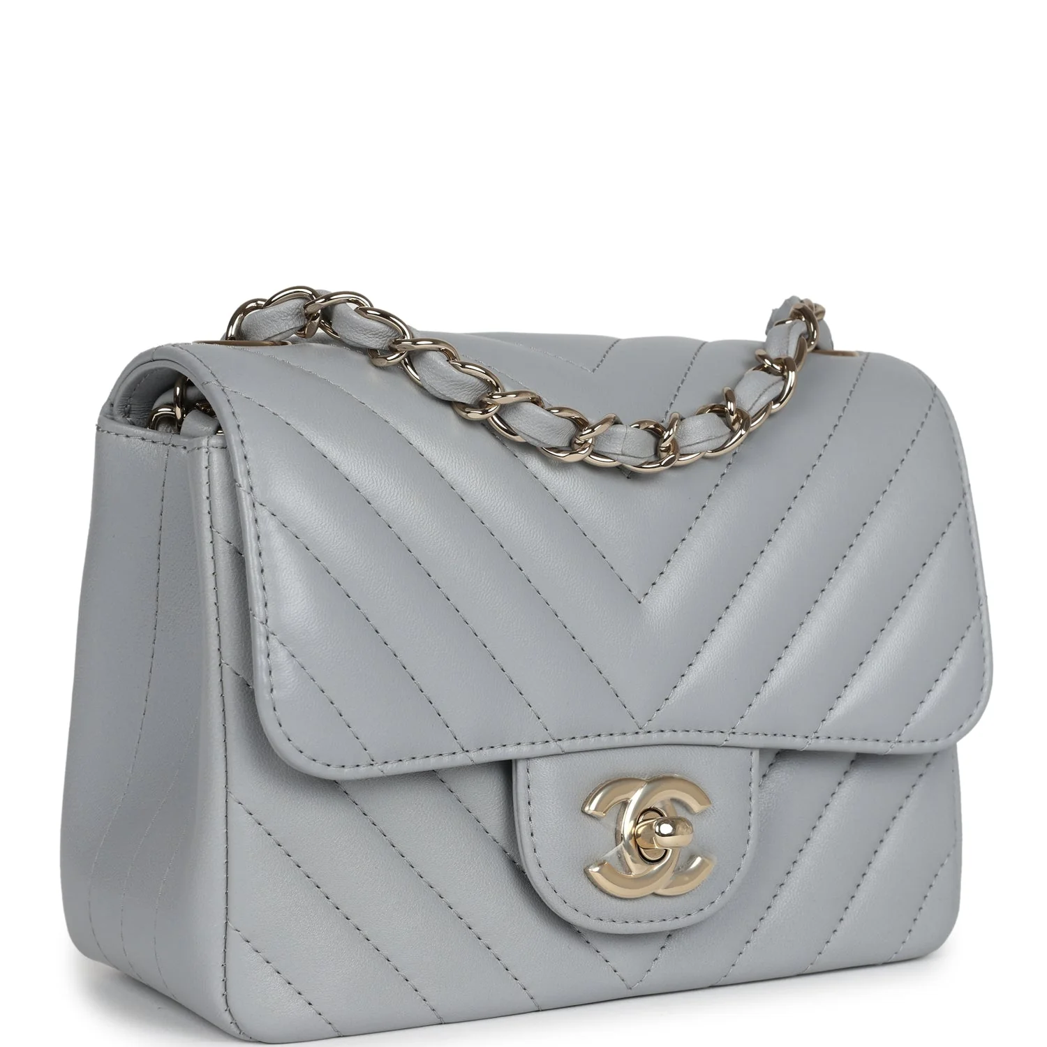 Mini Chevron Square Flap Bag Light Grey Lambskin Light Gold Hardware