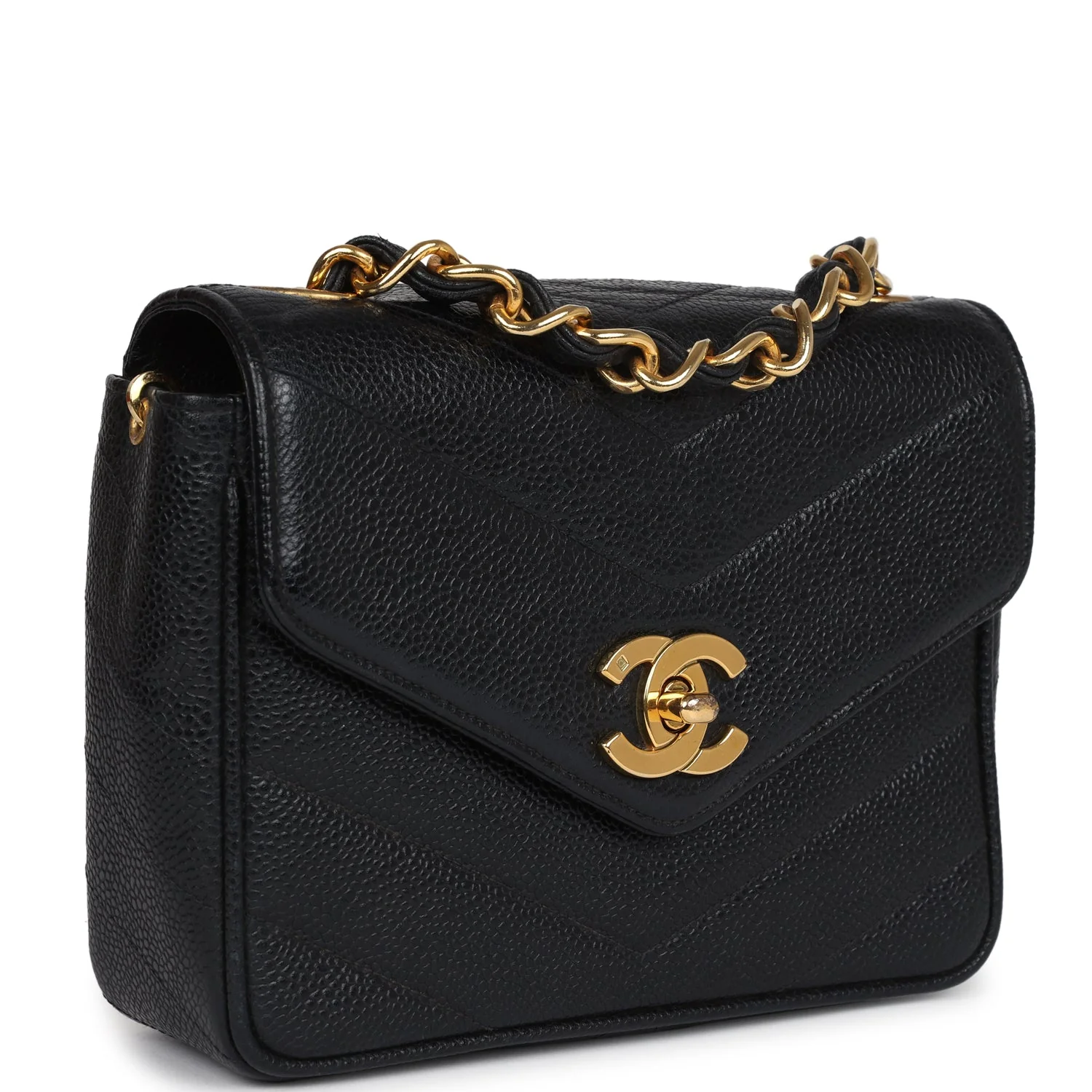 Vintage  Square Chevron Envelope Flap Bag Black Caviar Gold Hardware