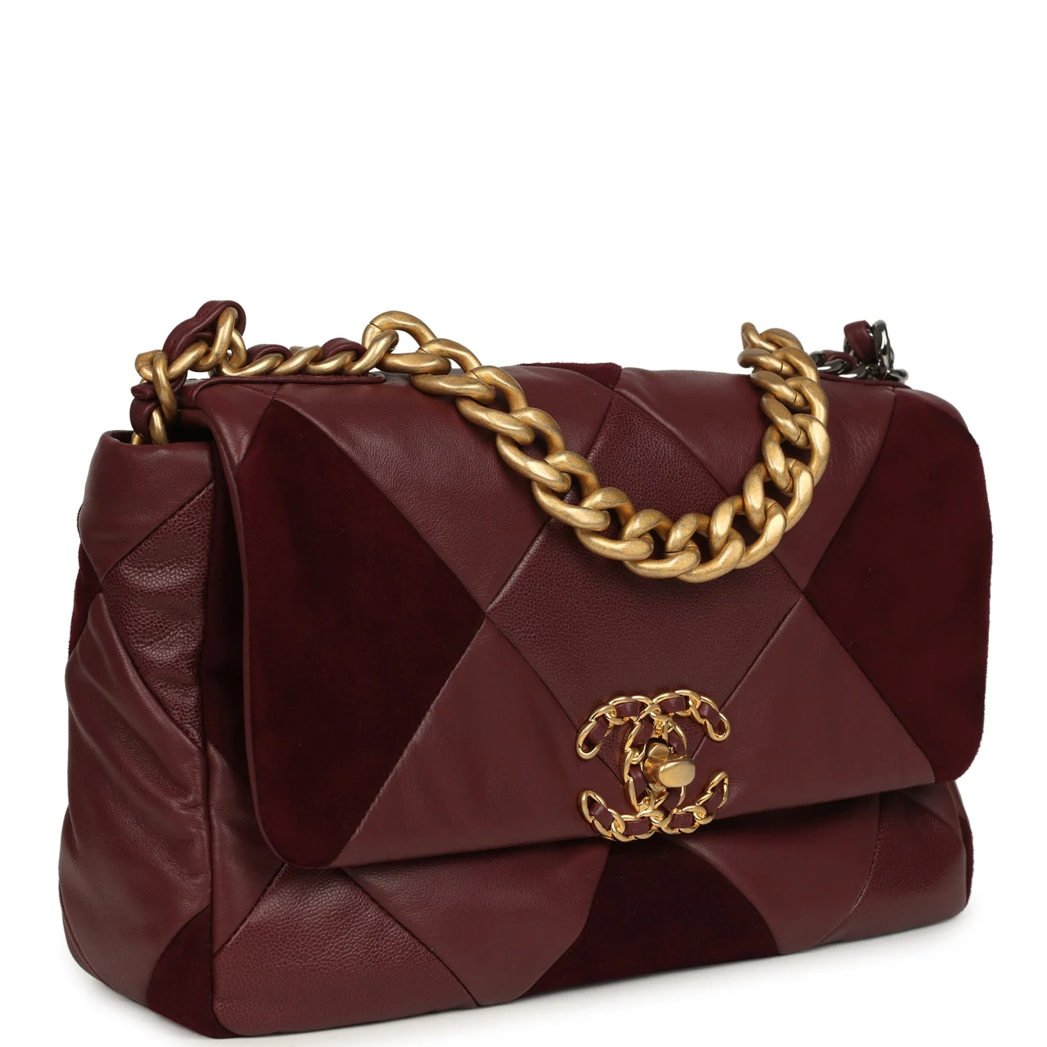 Medium 19 Flap Bag Burgundy Suede, Shiny Lambskin and Caviar Mixed Metal Hardware