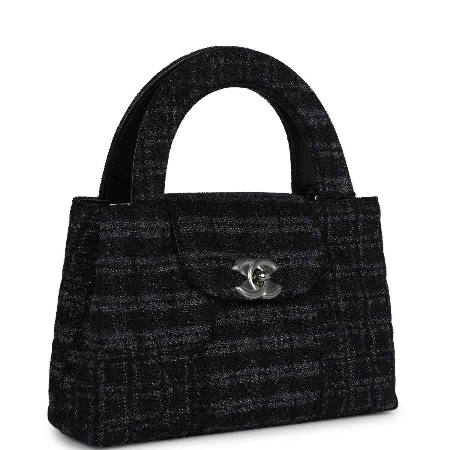 Small Kelly Shopper Dark Grey and Black Plaid Canvas Ruthenium Hardware