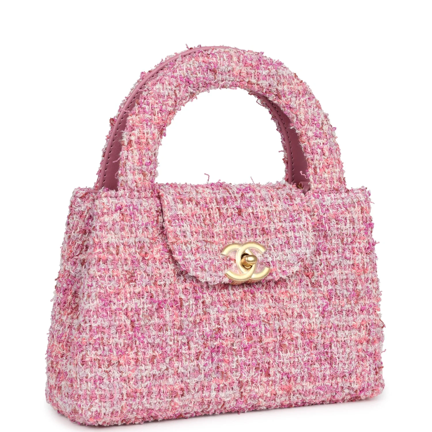 Small Kelly Shopper Pink Tweed Brushed Gold Hardware