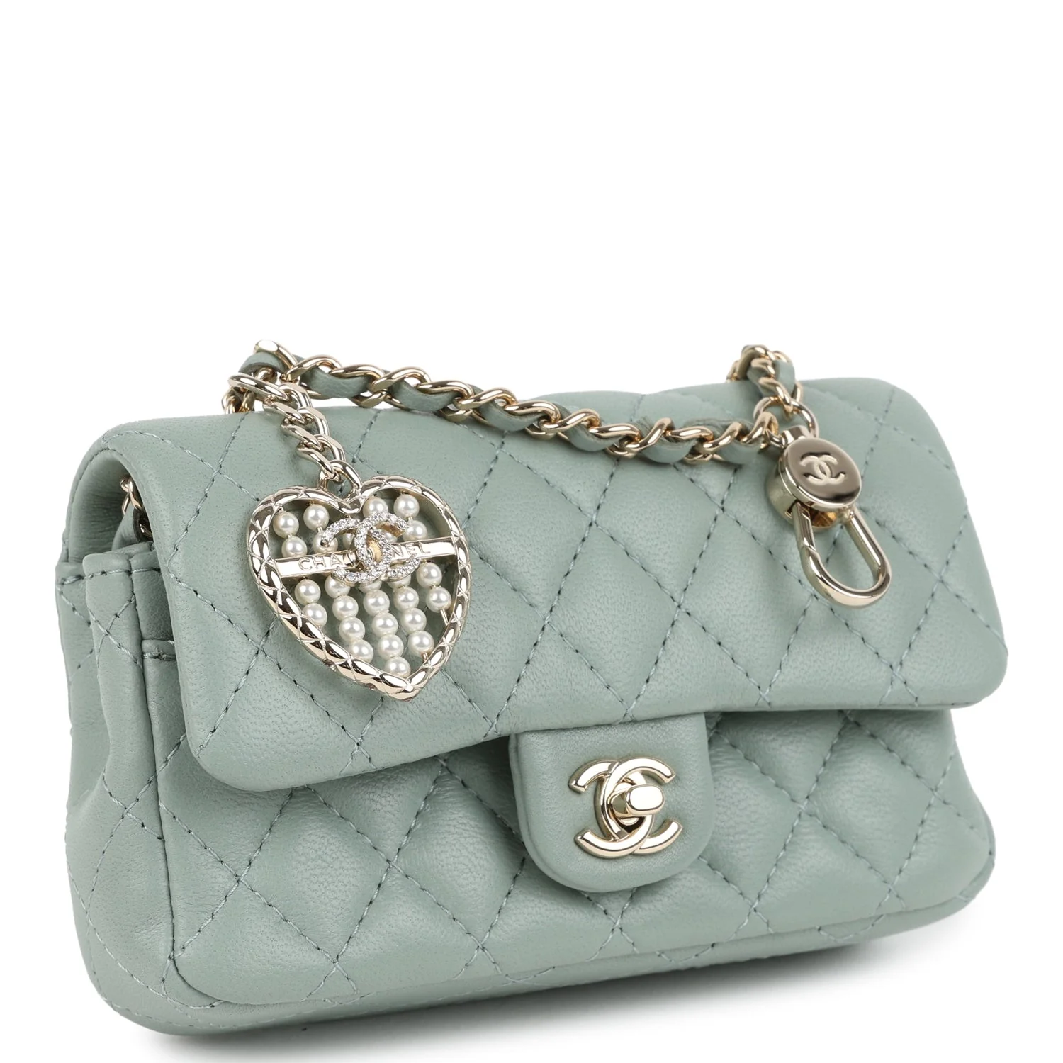 Nano Classic Double Flap Bag Charm Dark Green Lambskin Light Gold Hardware