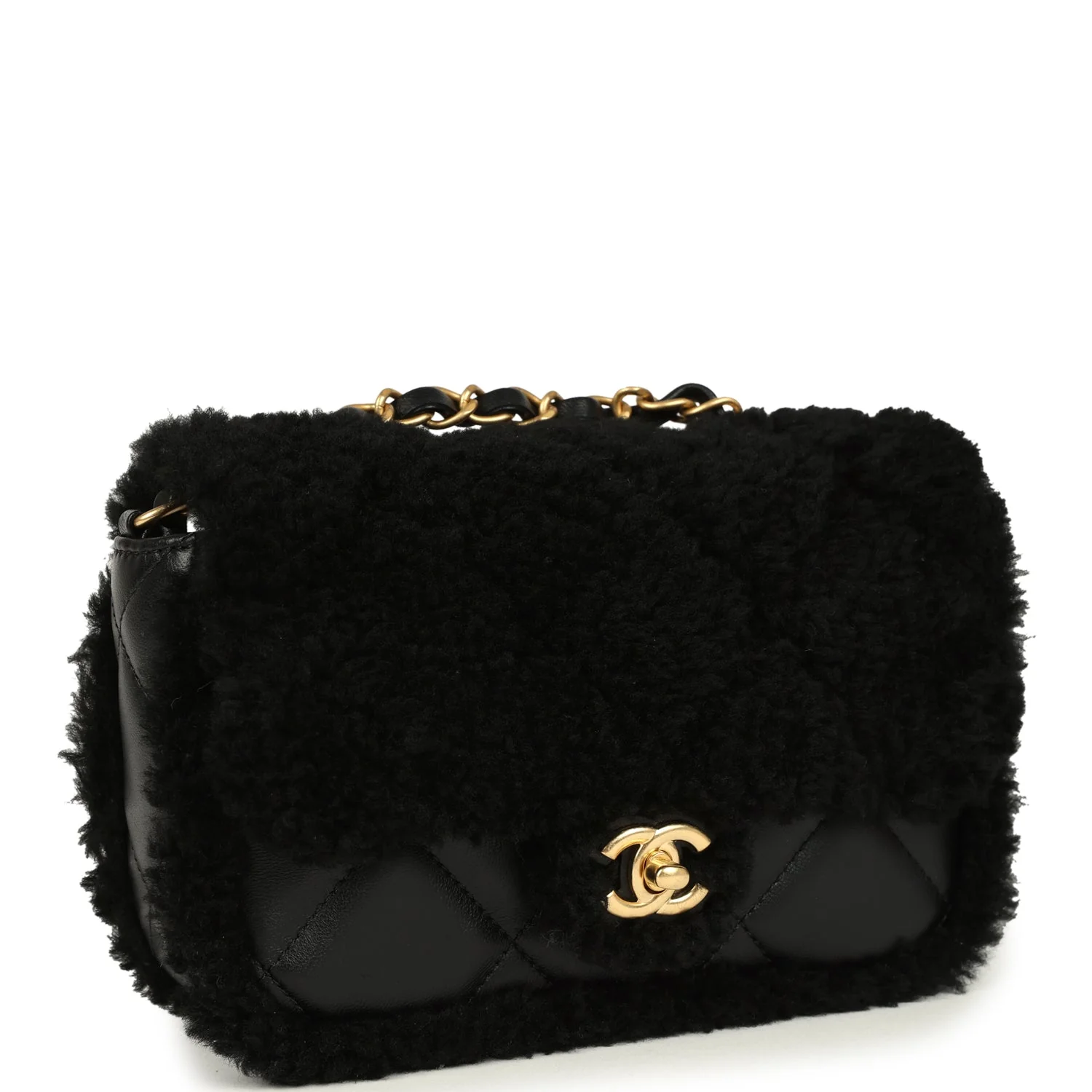 Mini Shearling Flap Bag Black Lambskin Brushed Gold Hardware