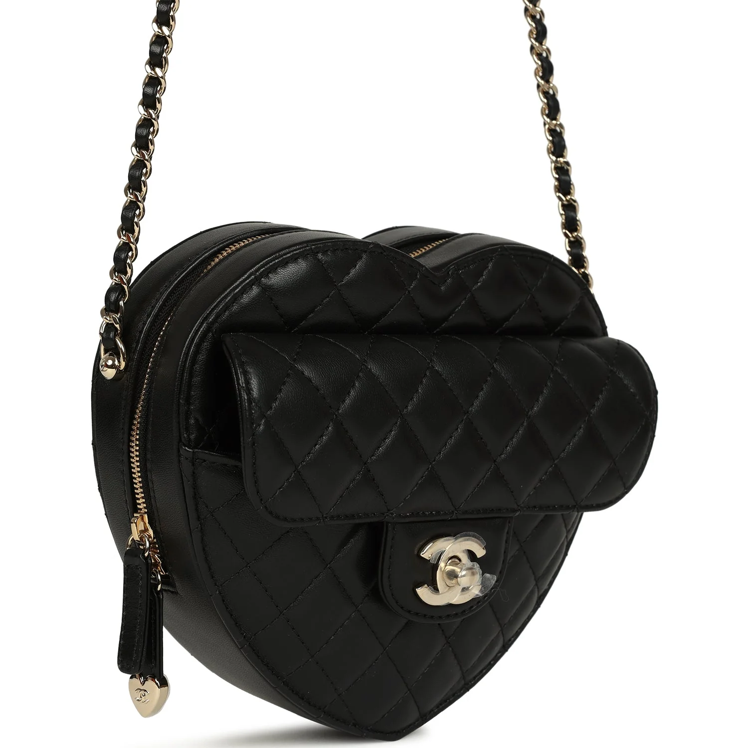 CC In Love Large Heart Bag with Chain Black Lambskin Light Gold Hardware