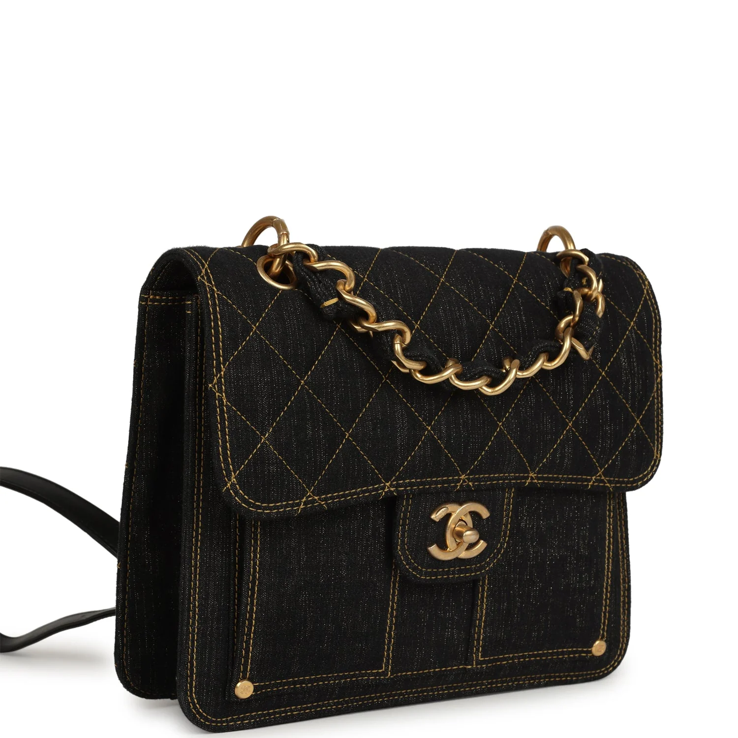 Double You Flap Backpack Black Denim Antique Gold Hardware