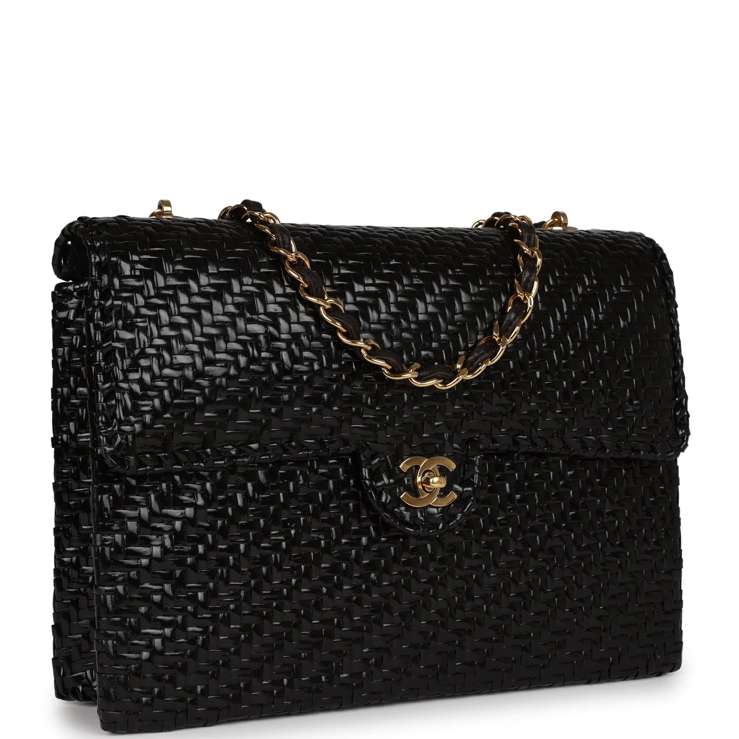 Vintage  Flap Bag Black Wicker Gold Hardware