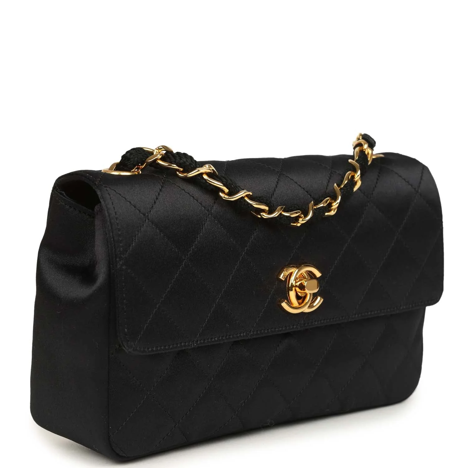 Vintage  Mini Rectangular Flap Bag Black Satin Gold Hardware