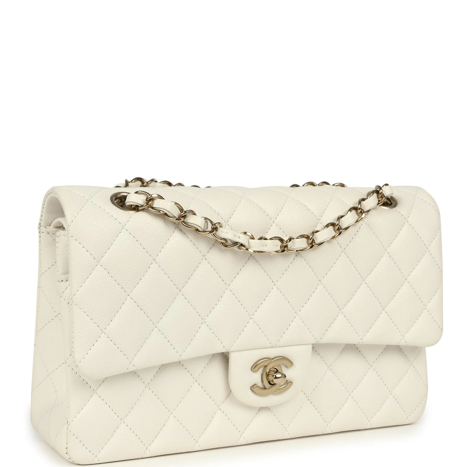 Medium Classic Double Flap White Caviar Light Gold Hardware