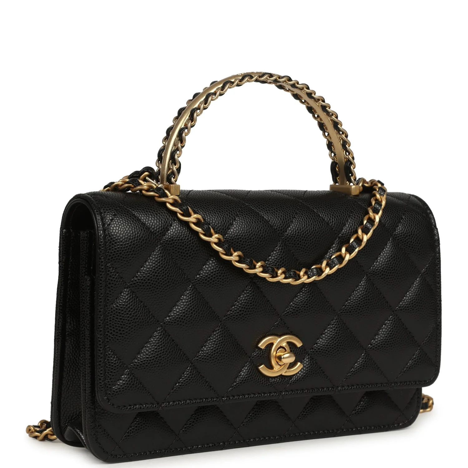 Top Handle Wallet On Chain WOC Black Shiny Caviar Brushed Gold Hardware
