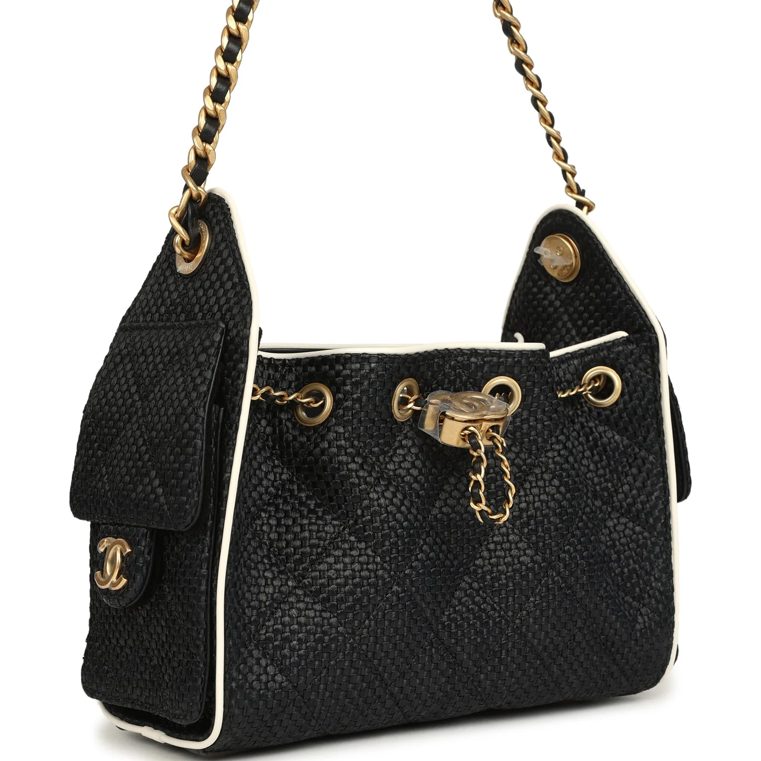 Mini 25 Hobo Bag Black Raffia and White Calfskin Antique Gold Hardware