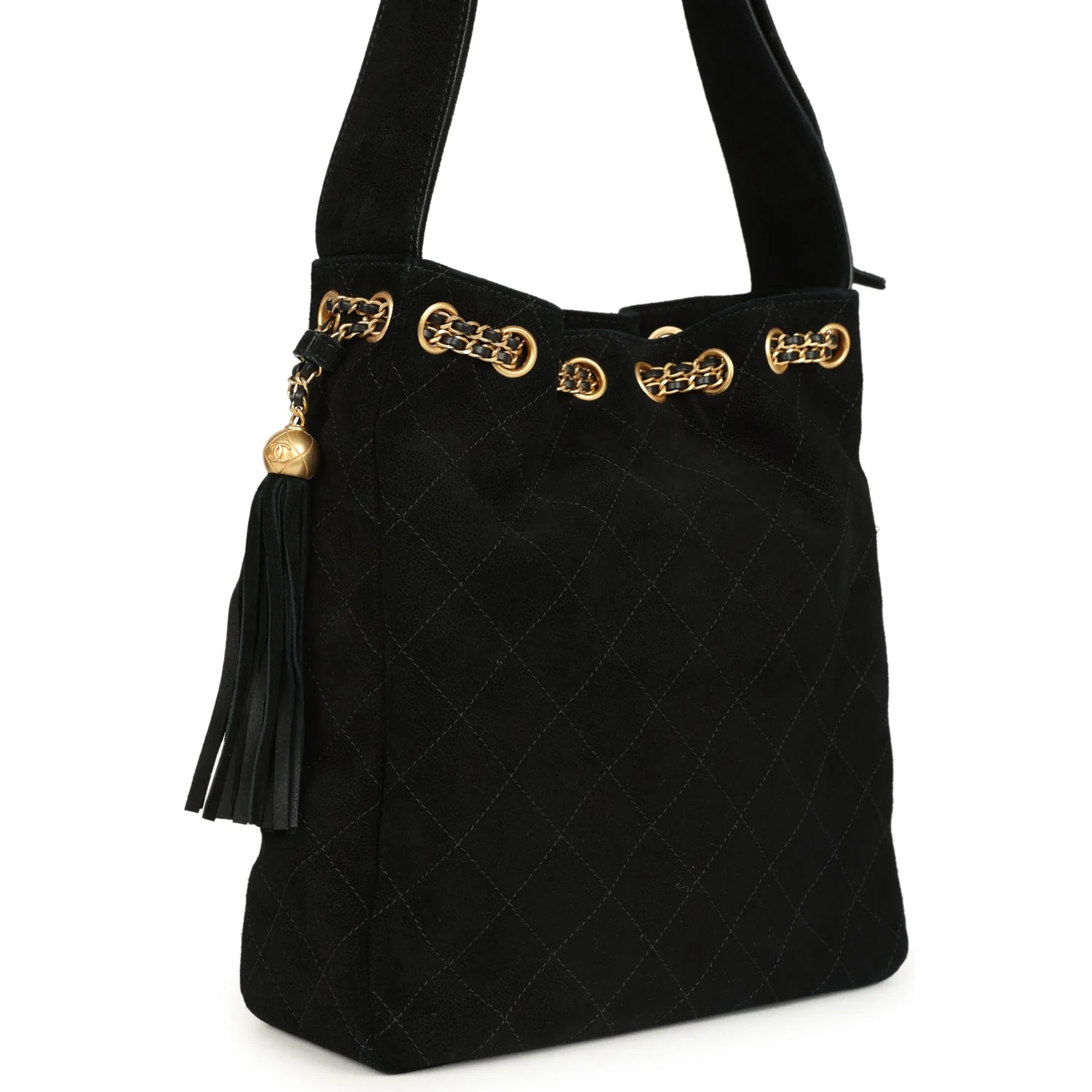 Large Drawstring Bucket Bag Black Suede Gold Hardware