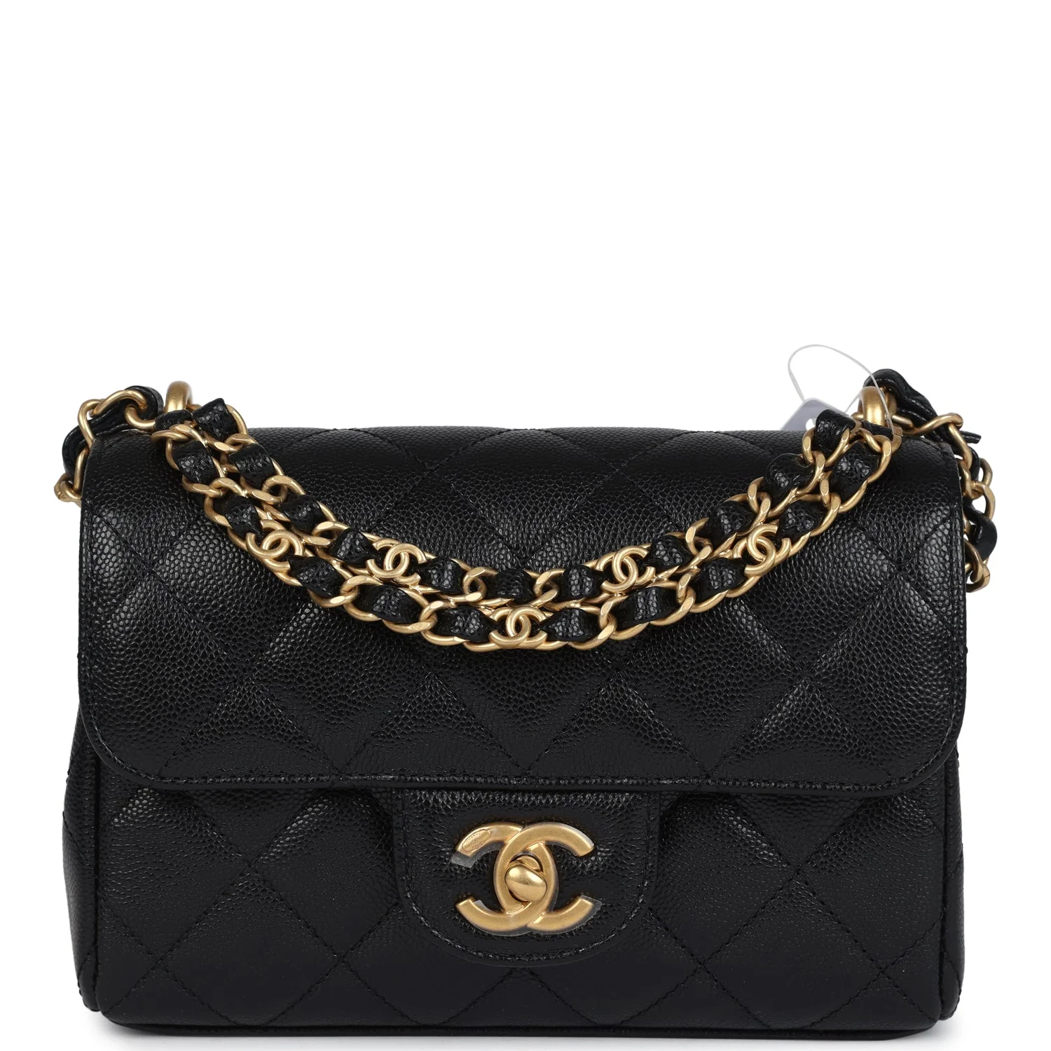 Mini Top Handle Flap Bag Black Grained Calfskin Brushed Gold Hardware