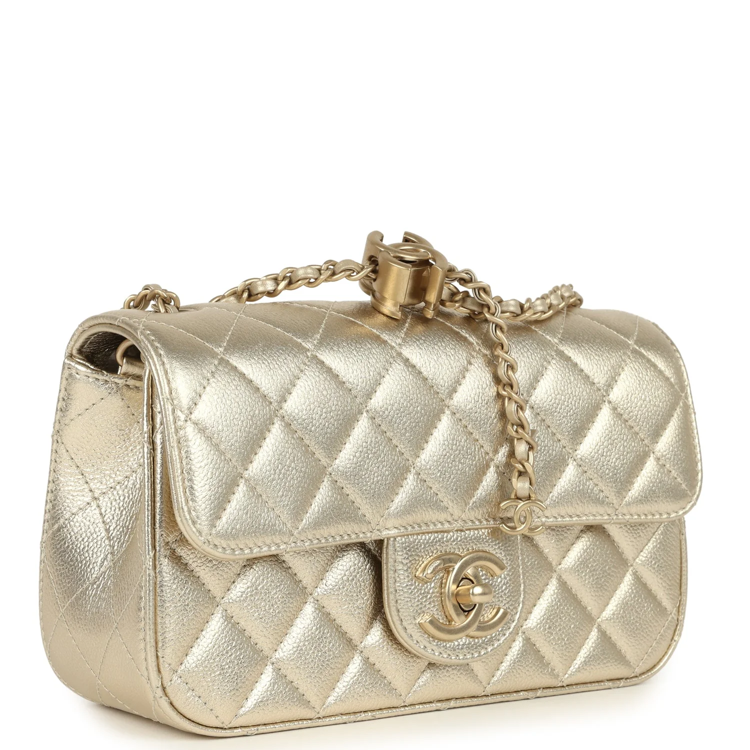 Mini CC Crush Flap Bag Light Gold Metallic Caviar Brushed Light Gold Hardware