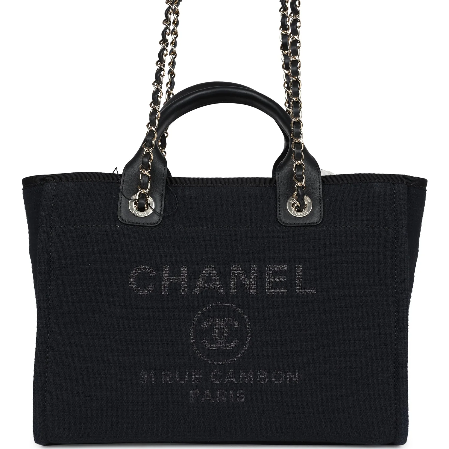 Small Deauville Shopping Tote Black Canvas Light Gold Hardware