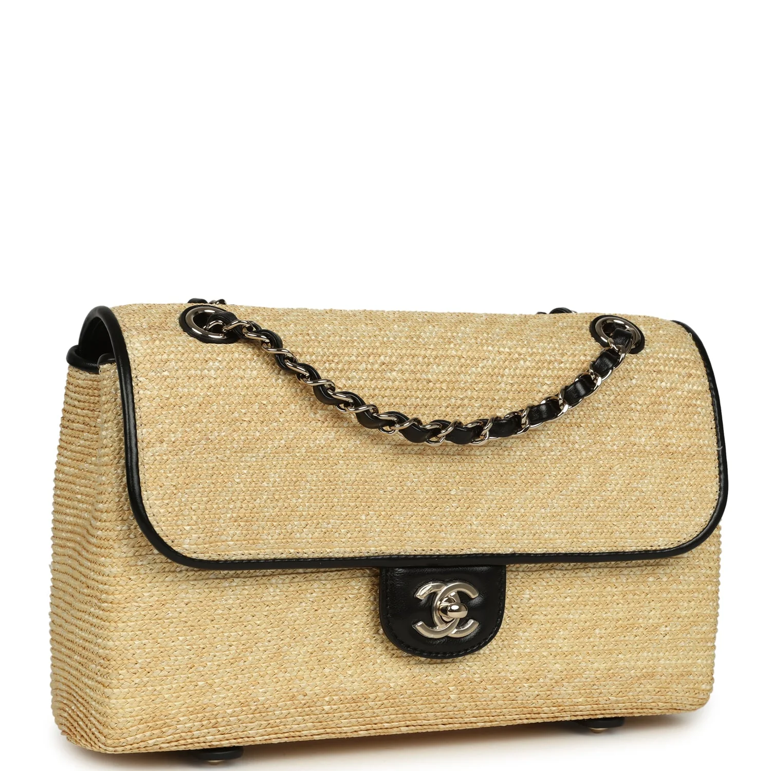 Large Flap Bag Beige Raffia and Black Lambskin Light Gold Hardware