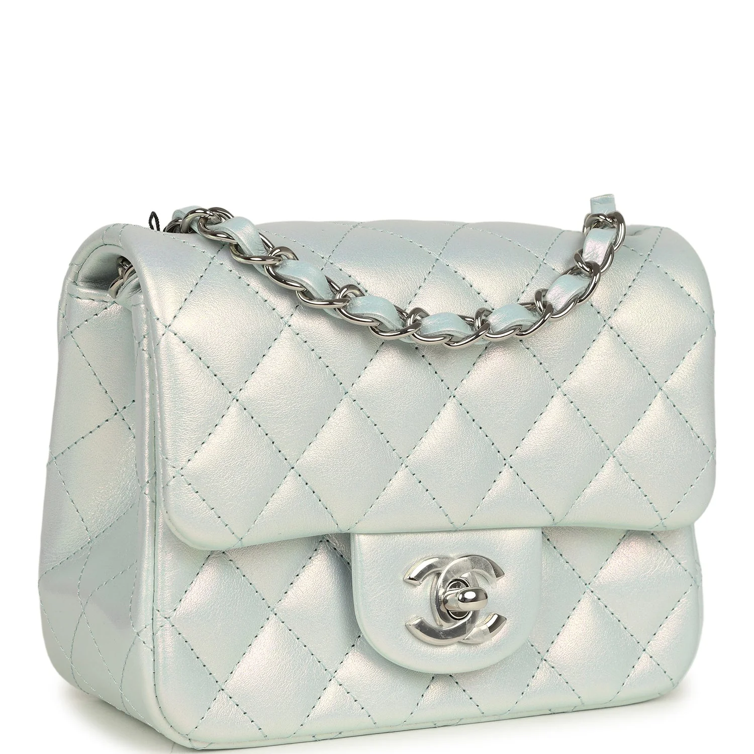 Mini Classic Square Flap Bag Blue Iridescent Calfskin Silver Hardware