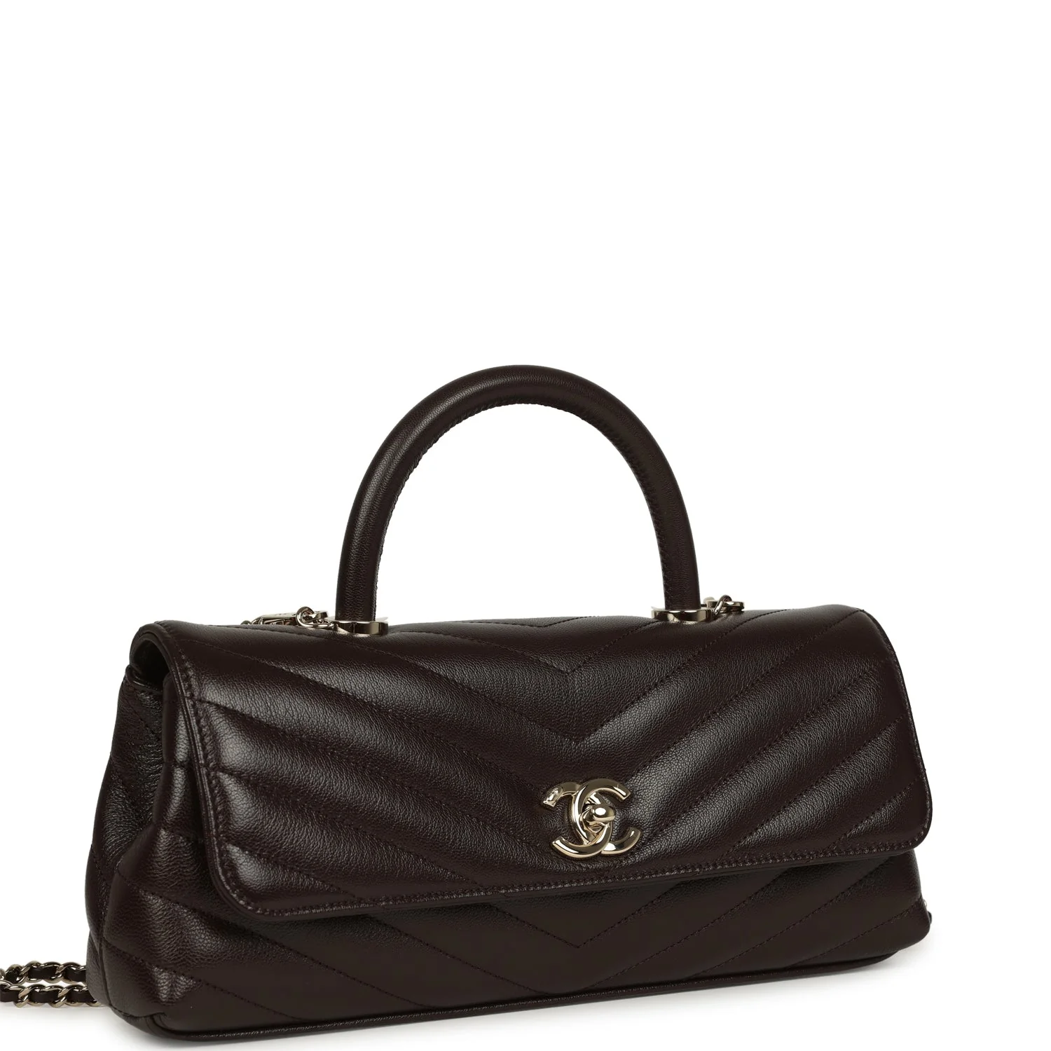 Maxi Coco Handle Long Chevron Flap Bag Dark Brown Shiny Goatskin Light Gold Hardware