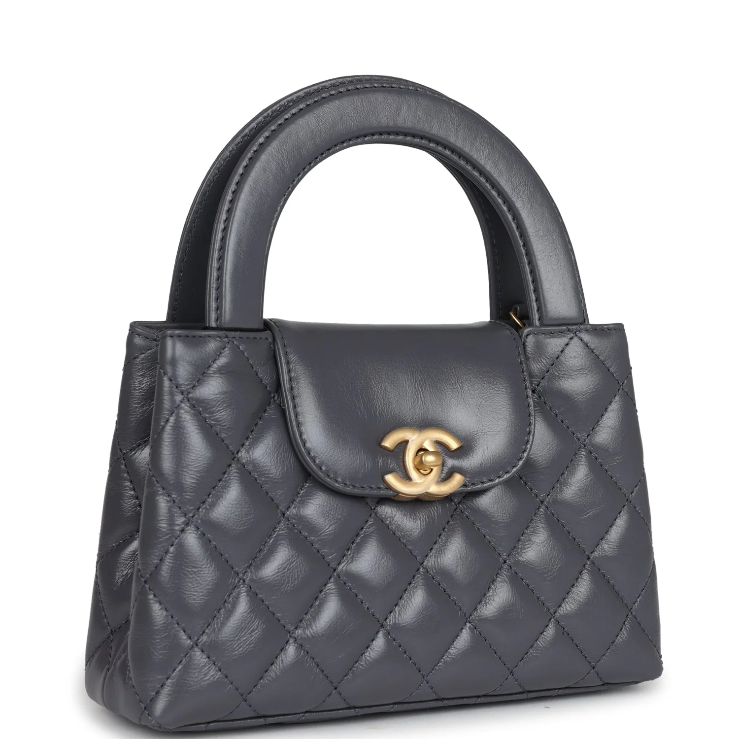 Small Kelly Shopper Dark Grey Shiny Aged Calfskin Brushed Gold Hardware