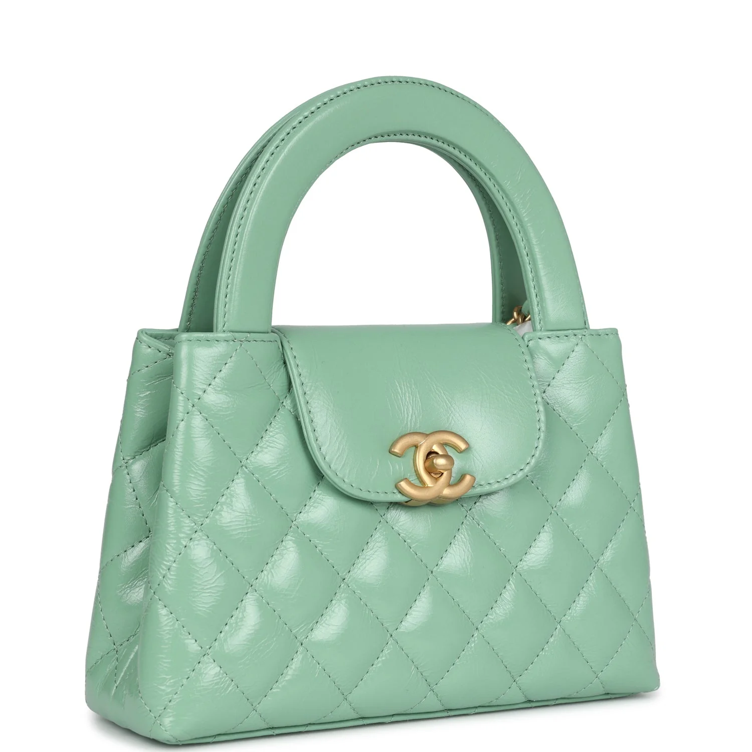 Small Kelly Shopper Light Green Shiny Aged Calfskin Brushed Gold Hardware