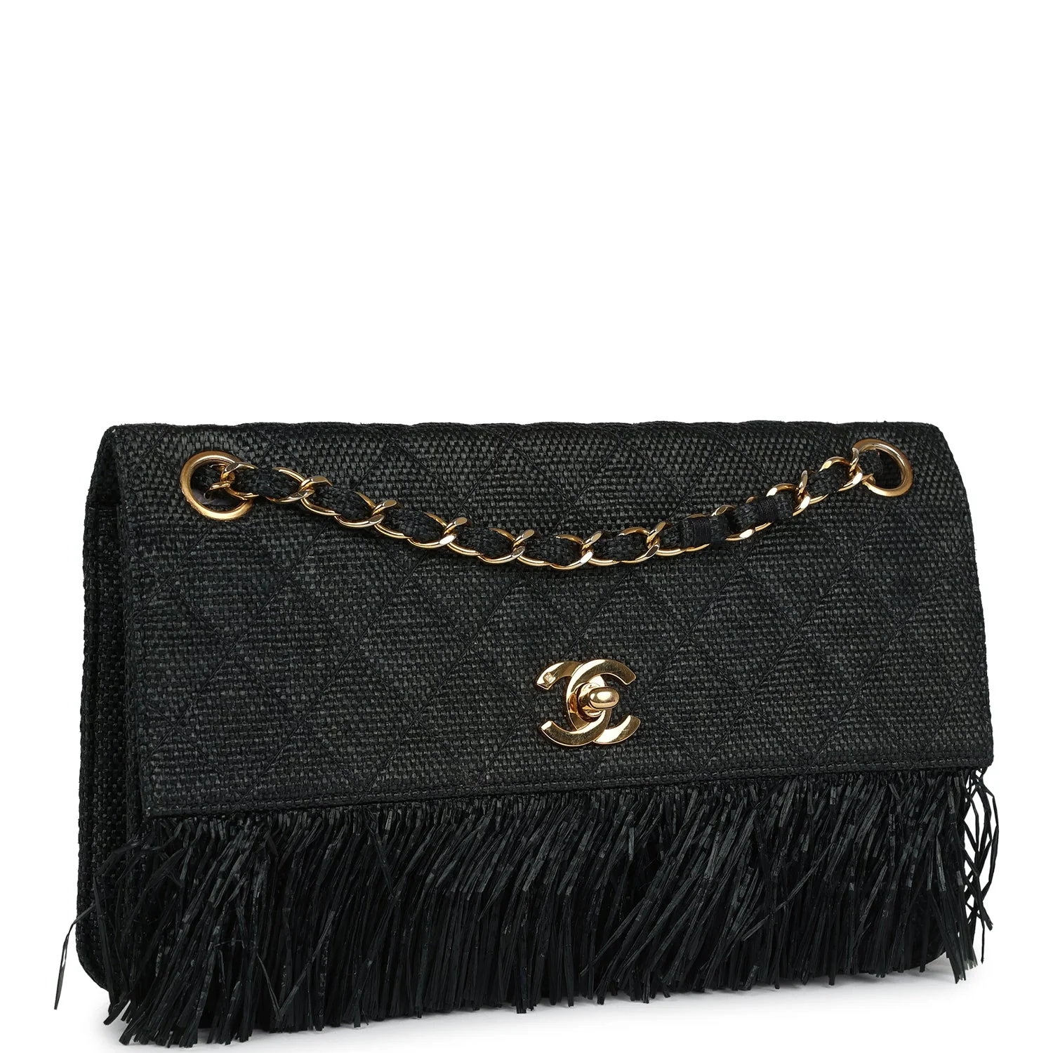 Vintage  Quilted Fringe Single Flap Bag Black Raffia Gold Hardware