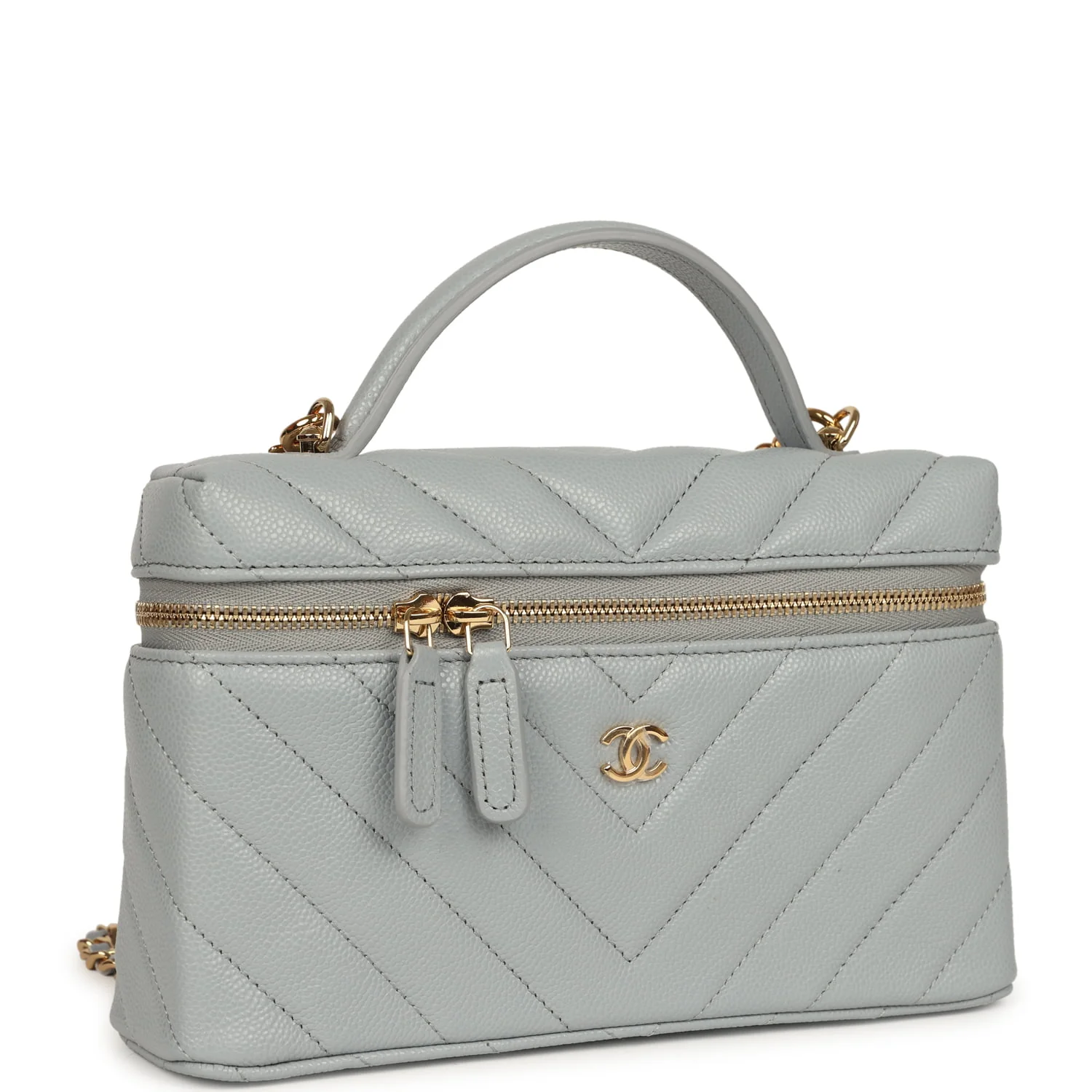 Chevron Top Handle Long Vanity Case with Chain Grey Shiny Caviar Gold Hardware