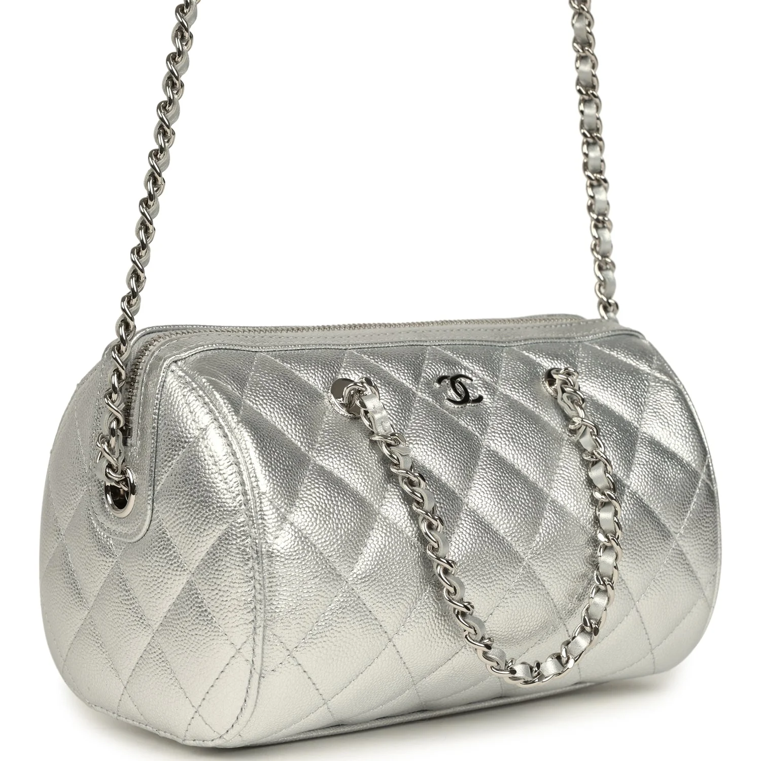 Mini Timeless Classic Barrel Bag with Chain Metallic Silver Shiny Caviar Silver Hardware