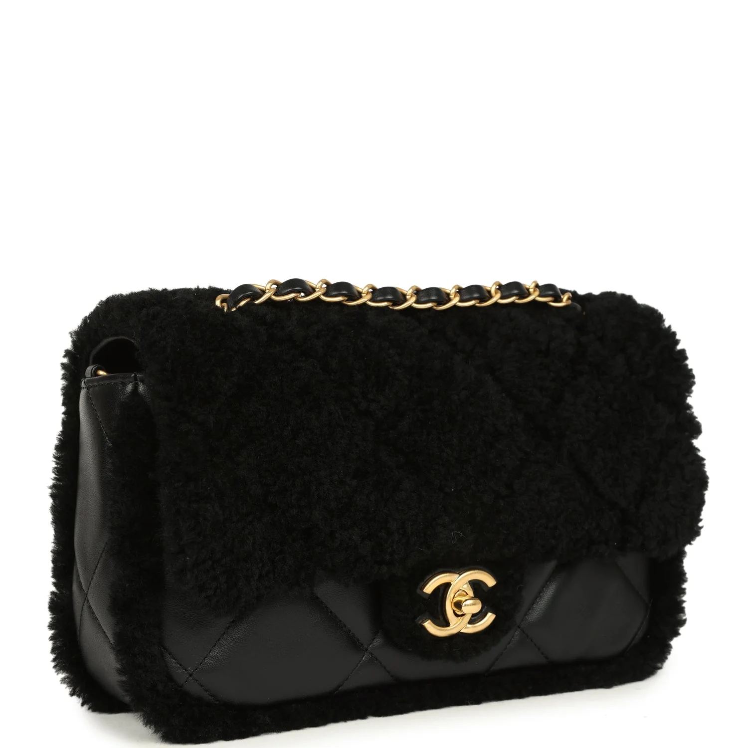 Medium Shearling Flap Bag Black Lambskin Brushed Gold Hardware