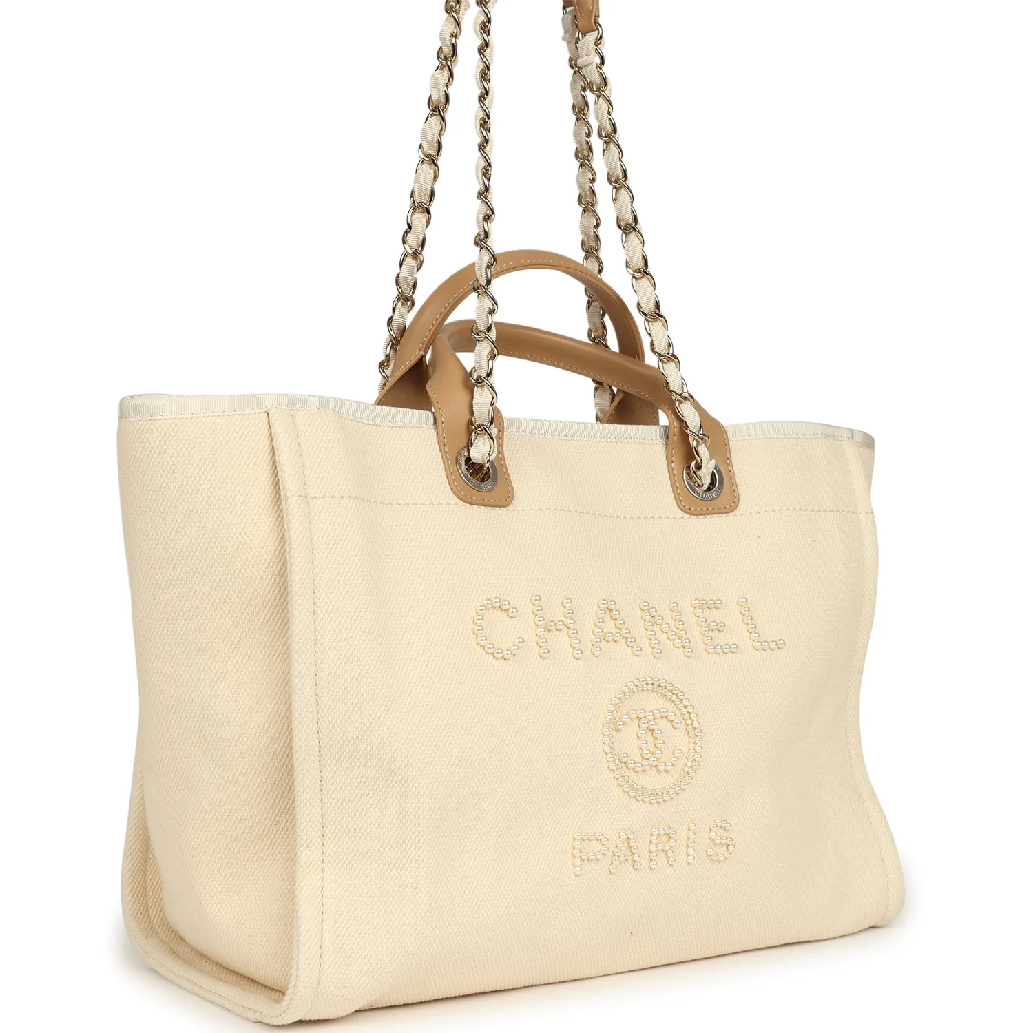 Medium Pearl Embellished Deauville Shopping Tote Light Beige Canvas Light Gold Hardware