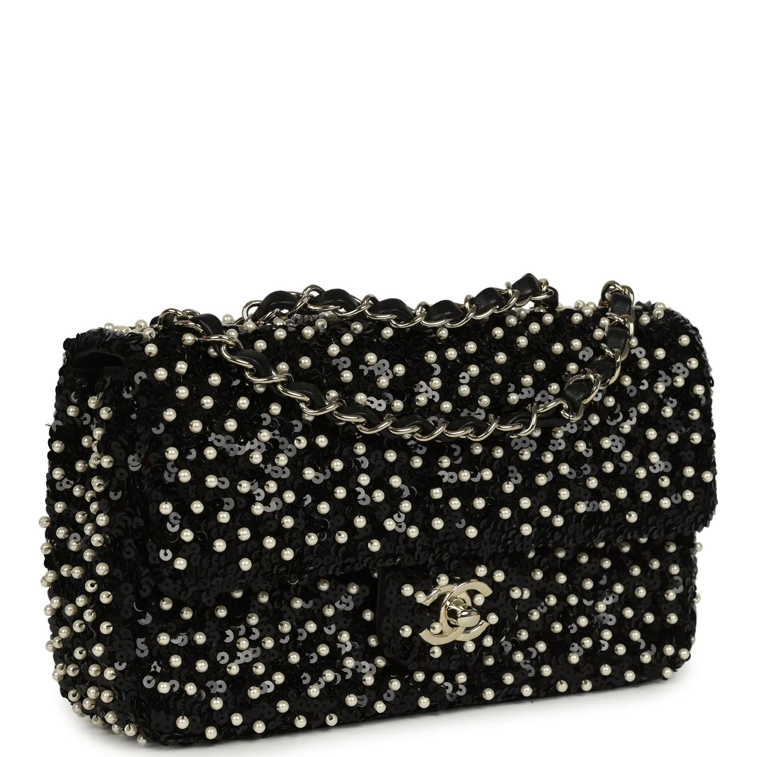 Small Pearl Beaded Flap Bag Black and White Sequins Light Gold Hardware