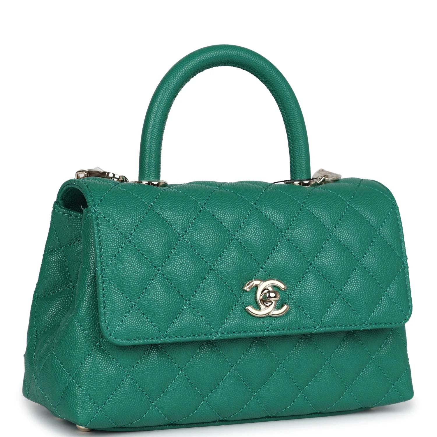 Mini Coco Top Handle Flap Bag Dark Green Caviar Light Gold Hardware