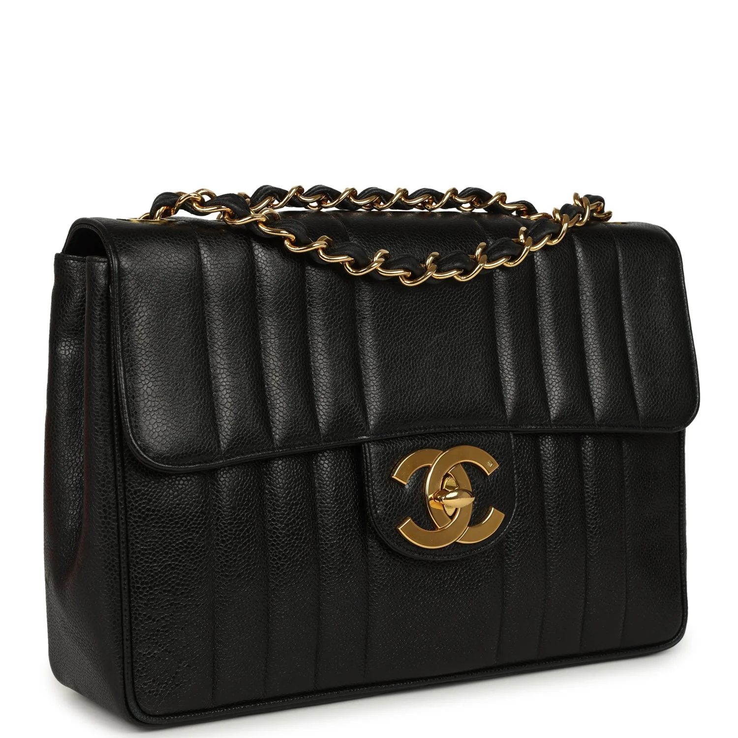 Vintage  Jumbo Classic Mademoiselle Vertical Flap Black Caviar Gold Hardware