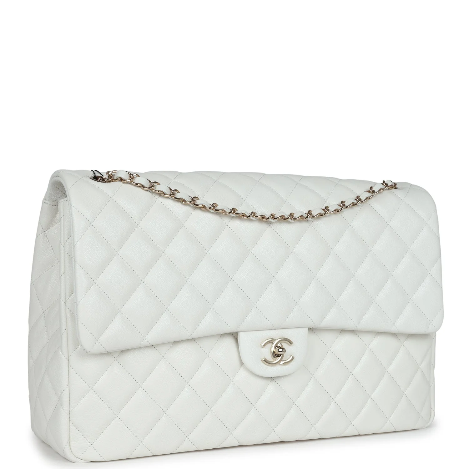XXL Classic Single Flap Bag White Shiny Caviar Light Gold Hardware