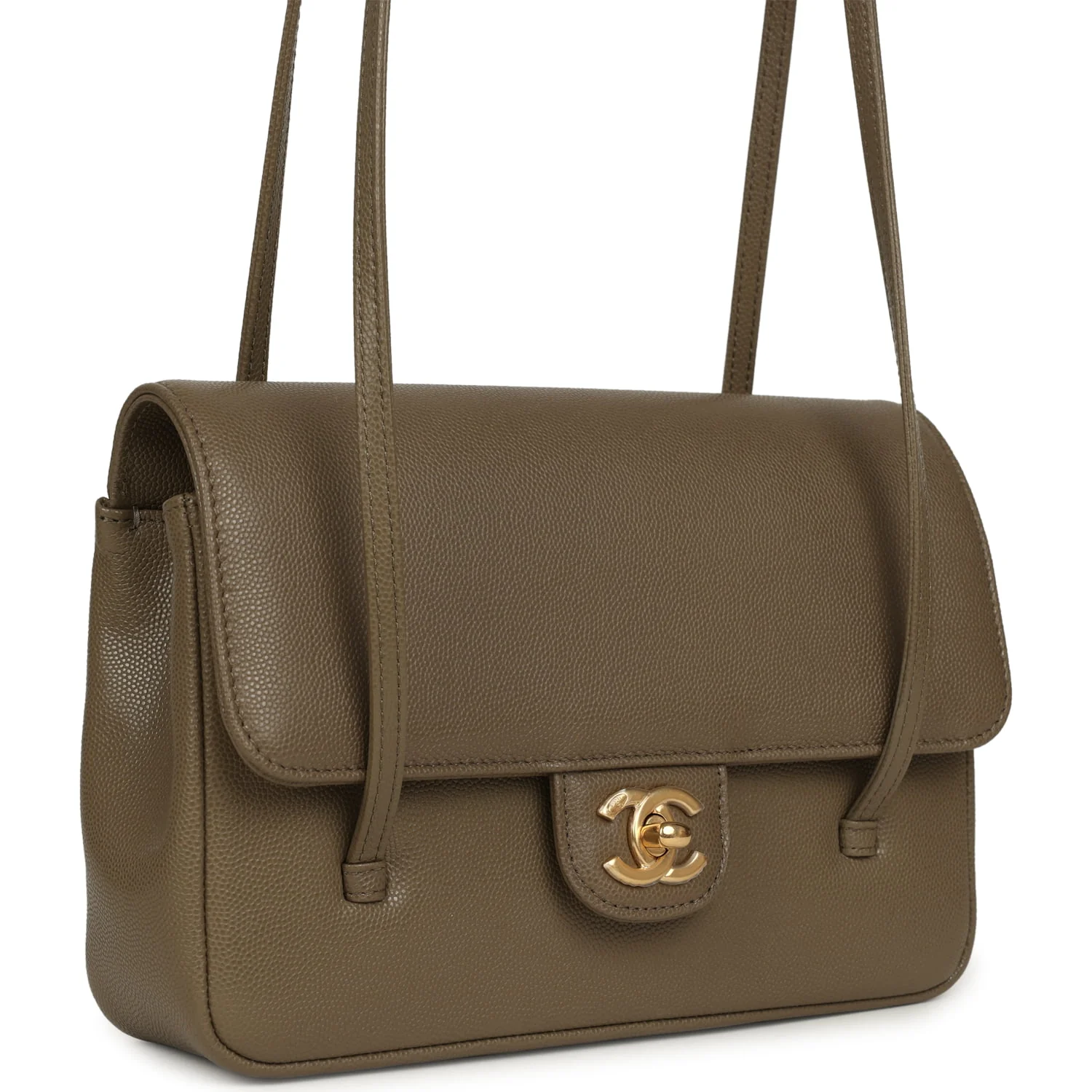 Small Preppy Coco Flap Bag Dark Khaki Shiny Caviar Brushed Gold Hardware