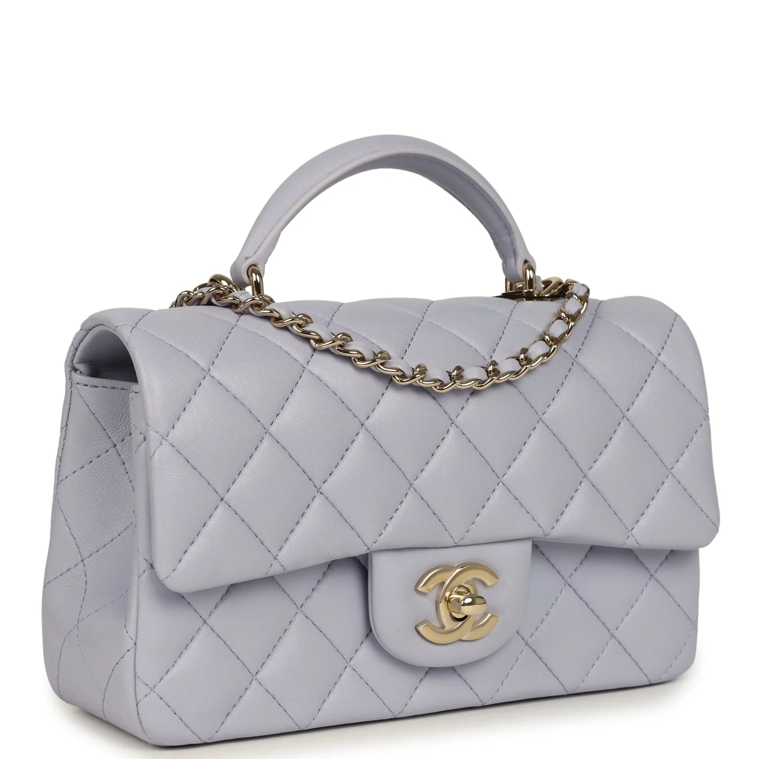 Mini Rectangular Flap Bag with Top Handle Light Purple Lambskin Light Gold Hardware