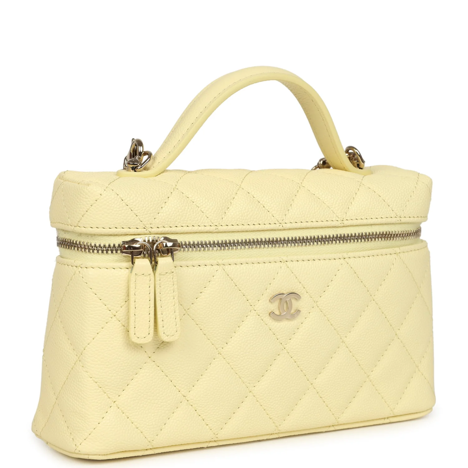 Top Handle Long Vanity Case with Chain Light Yellow Caviar Light Gold Hardware