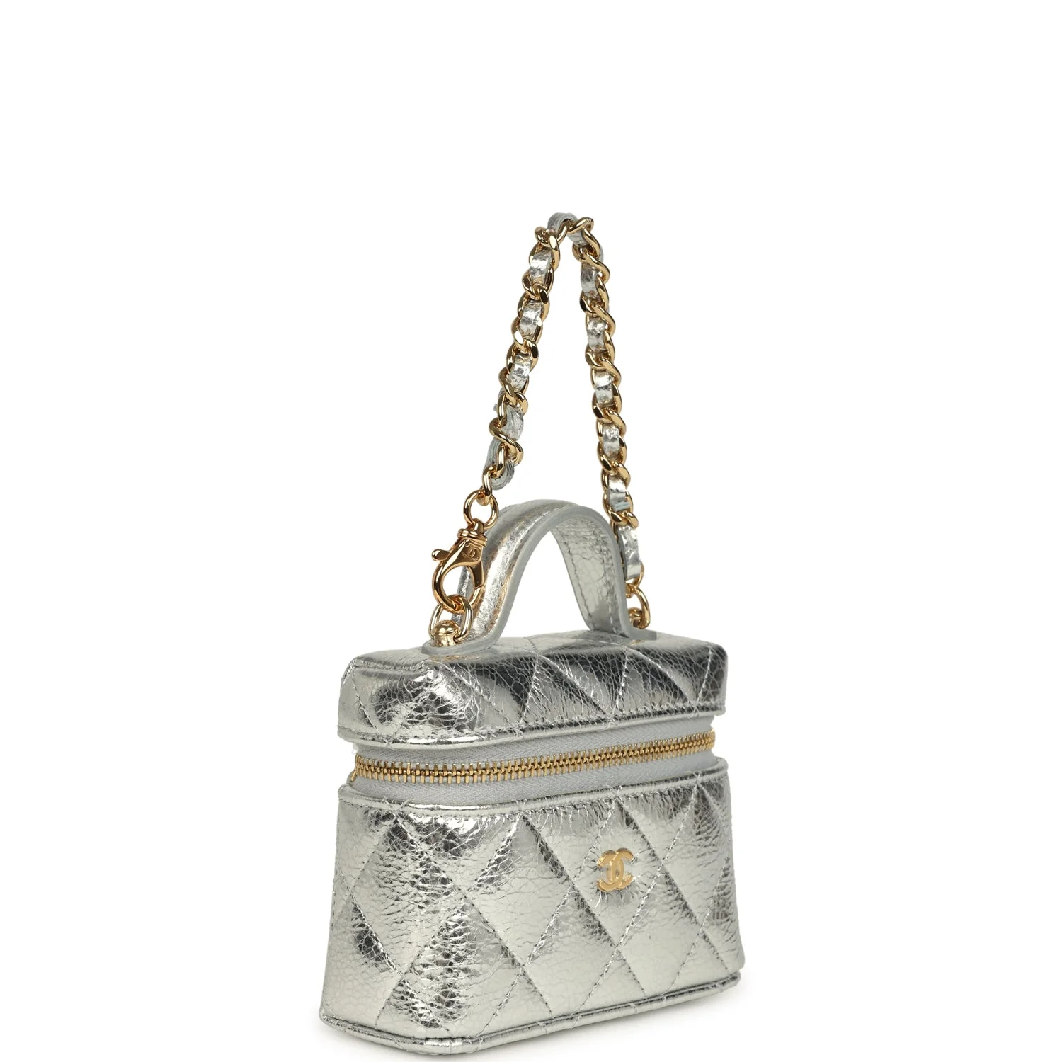 Micro Top Handle Vanity Case Bag Charm Metallic Silver Aged Calfskin Gold Hardware
