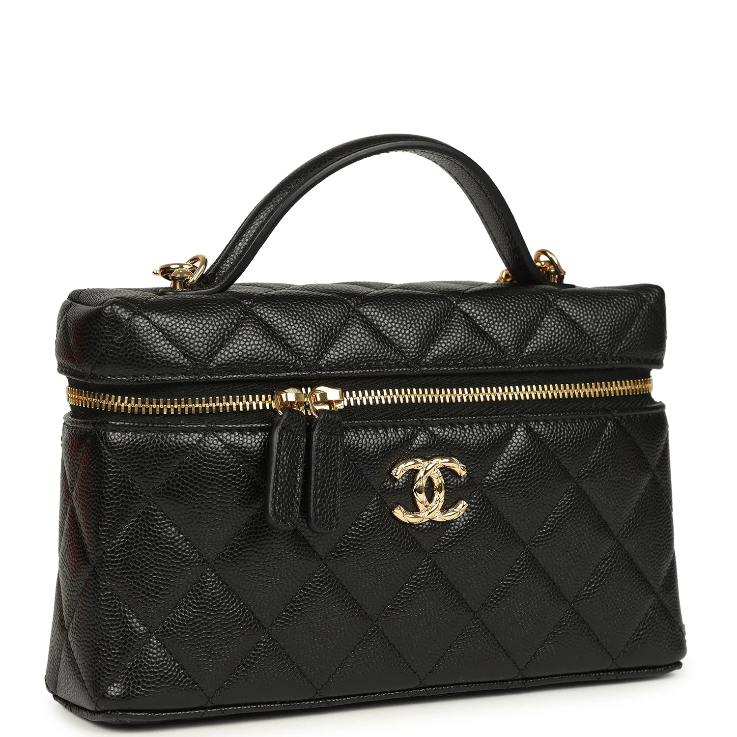 Top Handle Long Vanity Case with Chain Black Shiny Caviar Gold Hardware