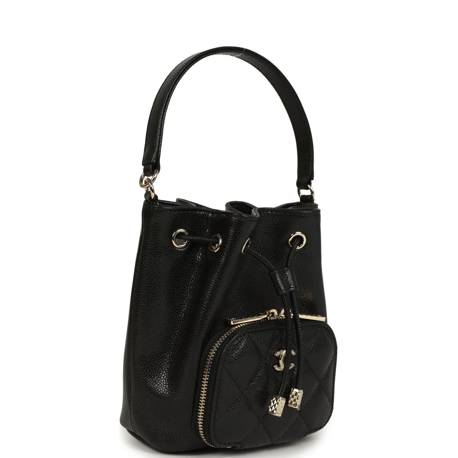 Mini Top Handle Bucket Bag with Chain Black Shiny Caviar Light Gold Hardware