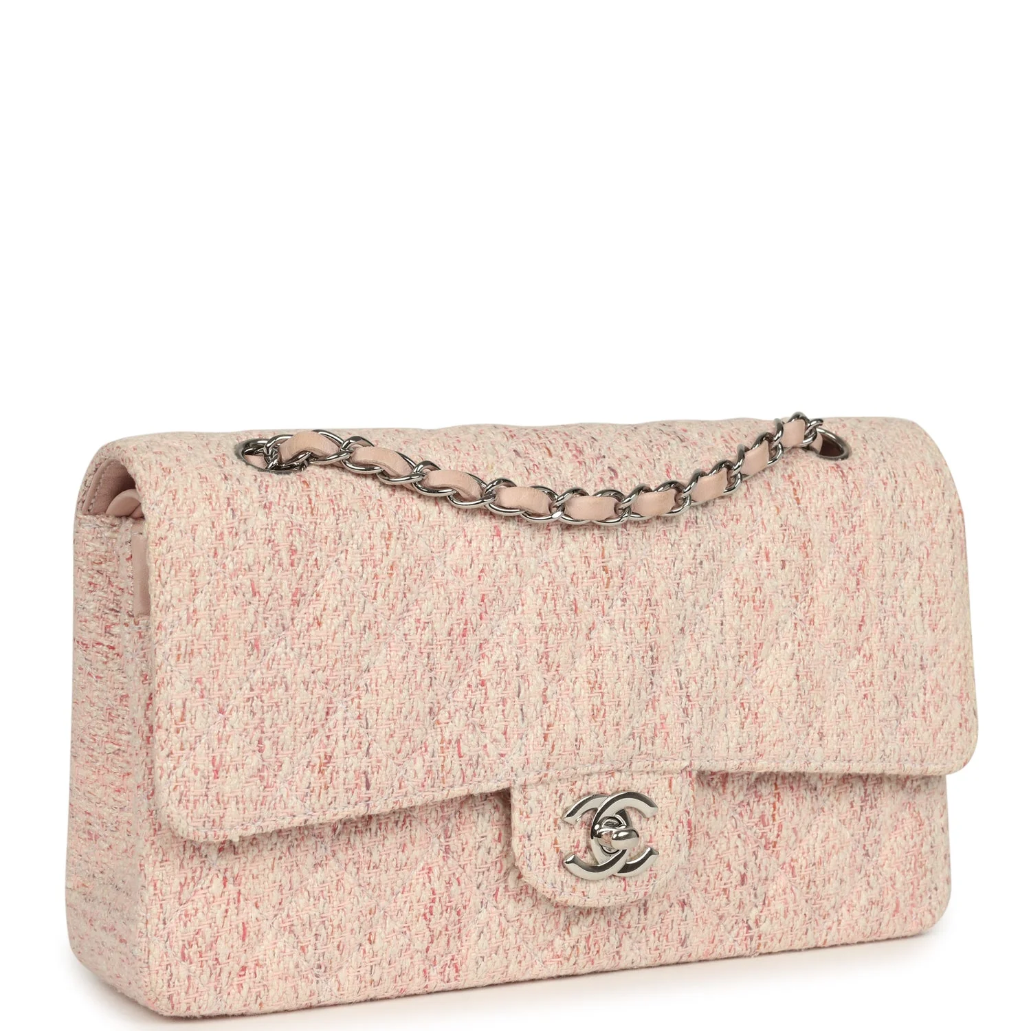 Vintage  Medium Classic Double Flap Bag Light Pink and White Tweed Silver Hardware