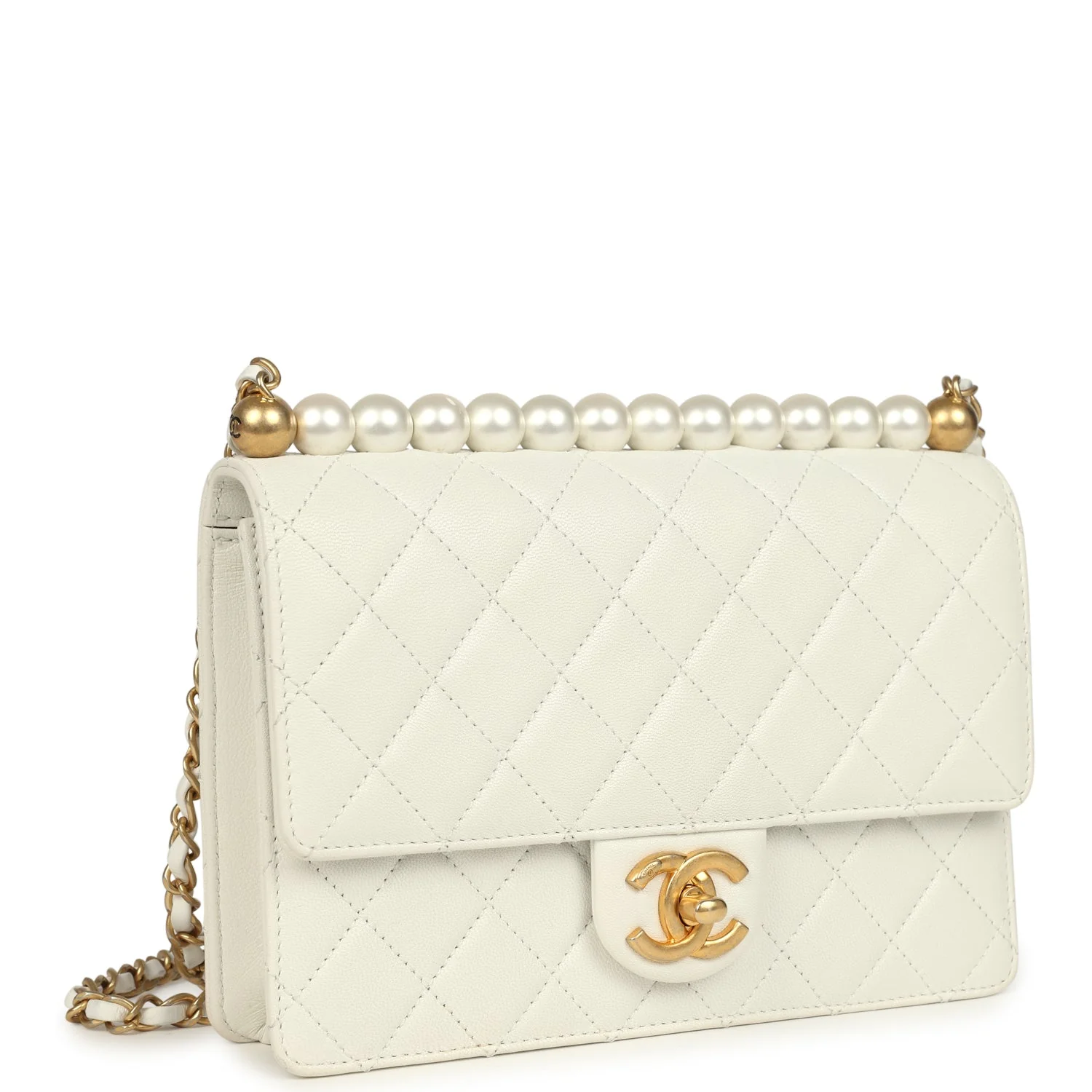 Preowned  Small Chic Pearls Flap Bag White Calfskin Antique Gold Hardware
