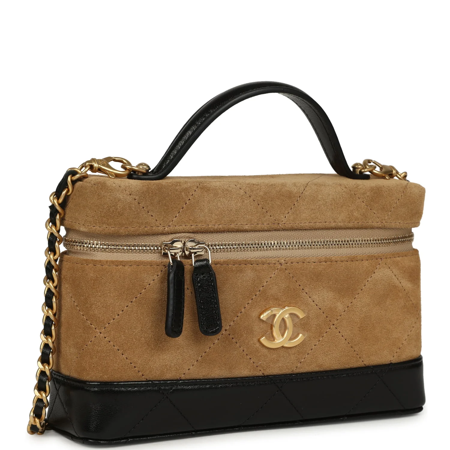 Coco Base Top Handle Long Vanity Case with Chain Brown Suede and Black Shiny Lambskin Antique Gold Hardware