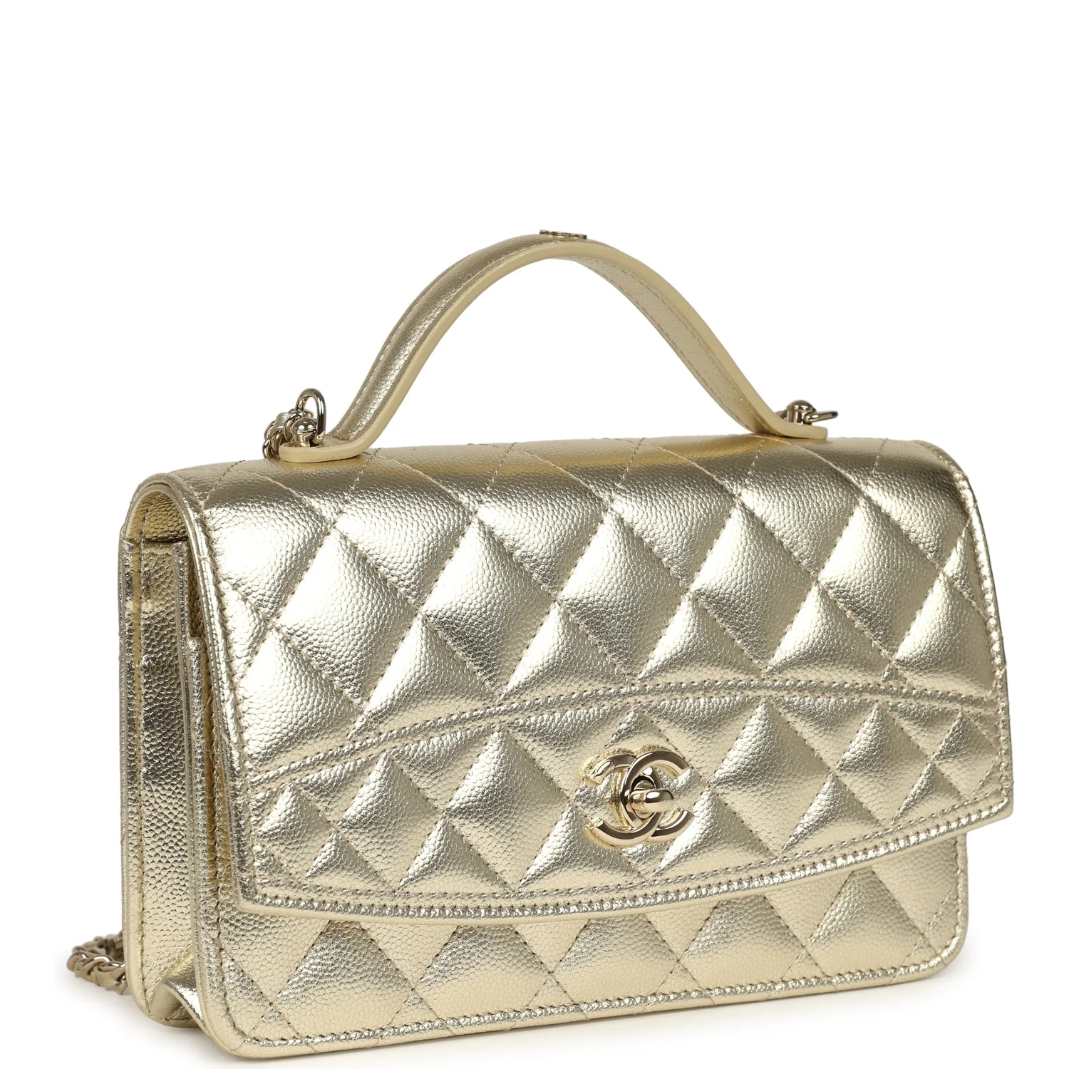 Trendy Top Handle Wallet On Chain WOC Metallic Gold Shiny Caviar Light Gold Hardware