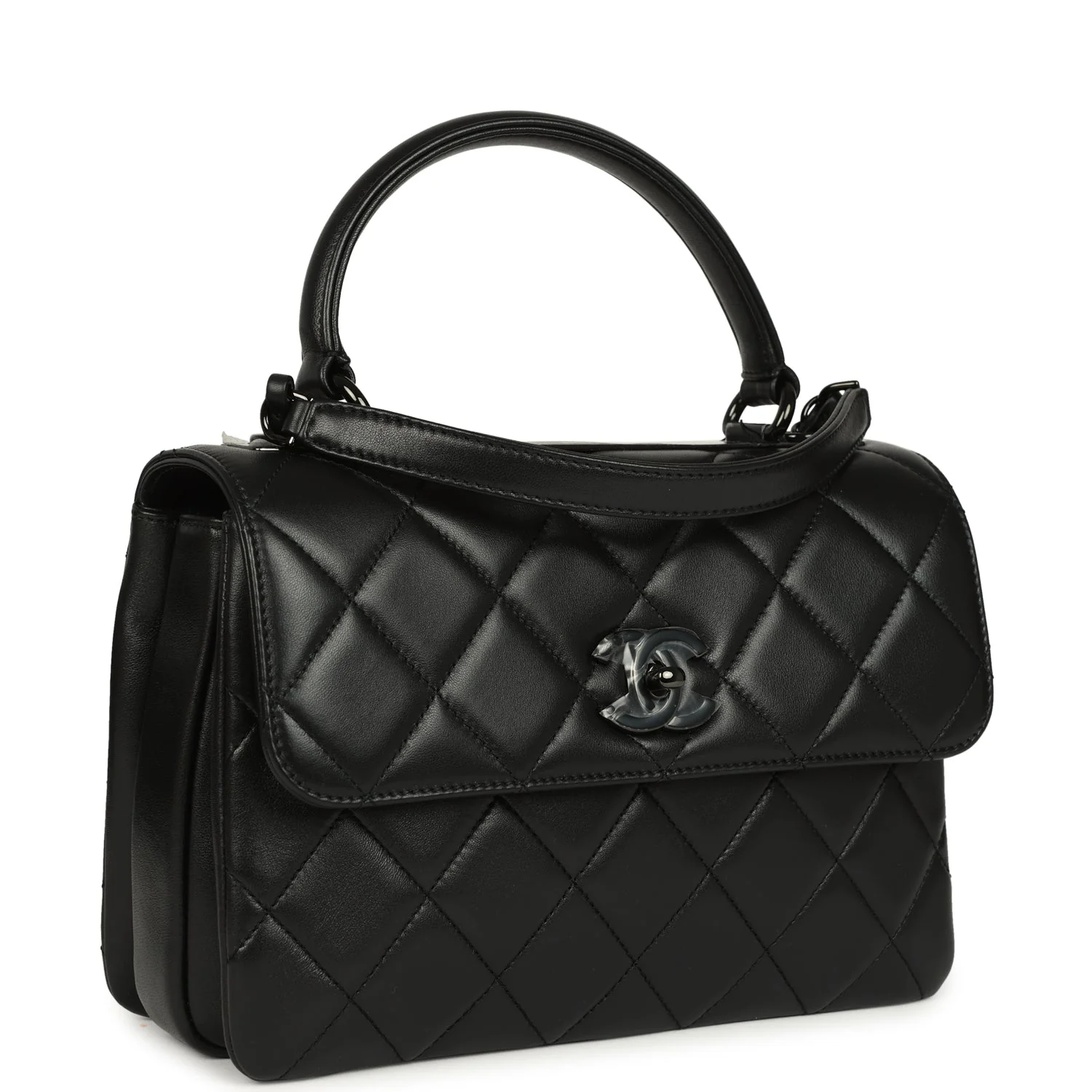 Medium Trendy CC Top Handle Flap So Bag Black Lambskin Black Hardware