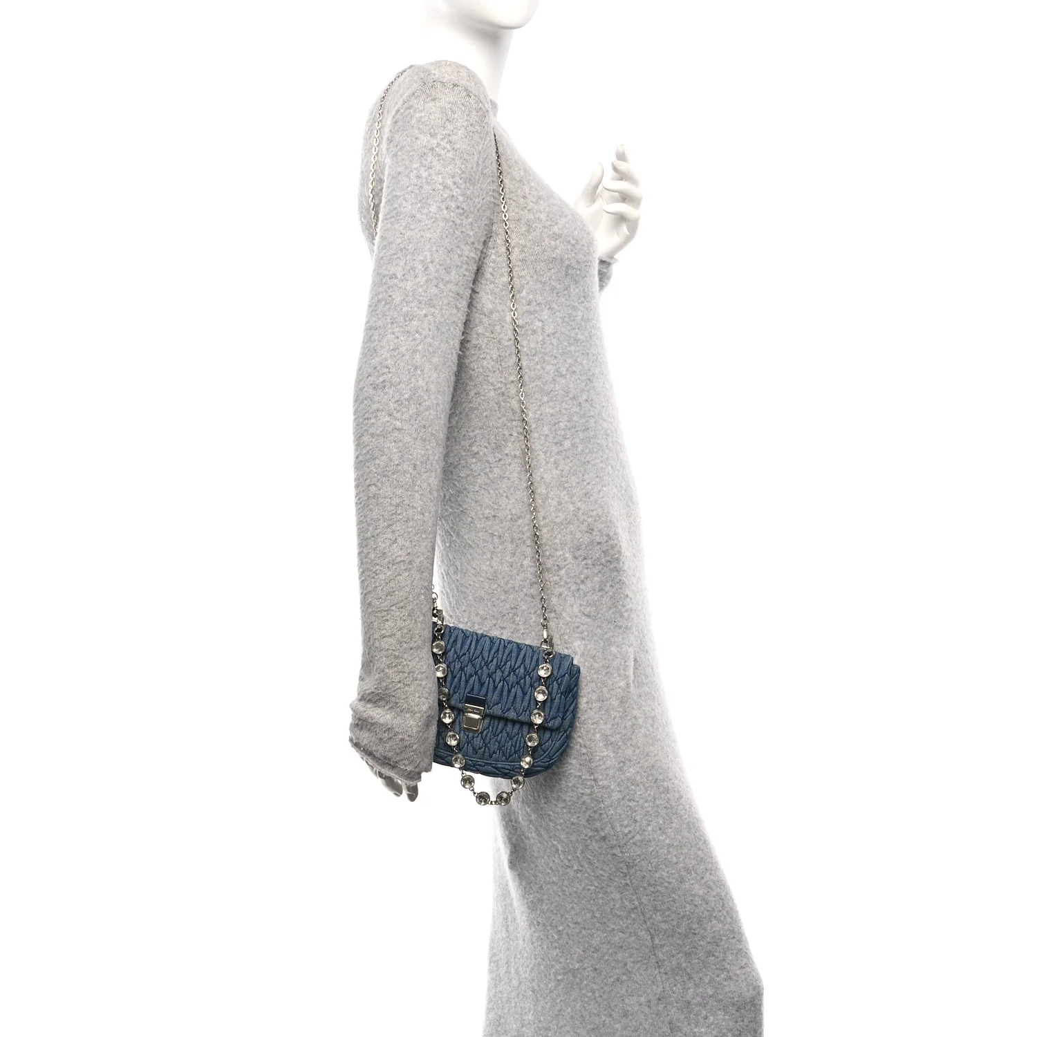 Denim Matelasse Crystal Chain Crossbody Bag Blue