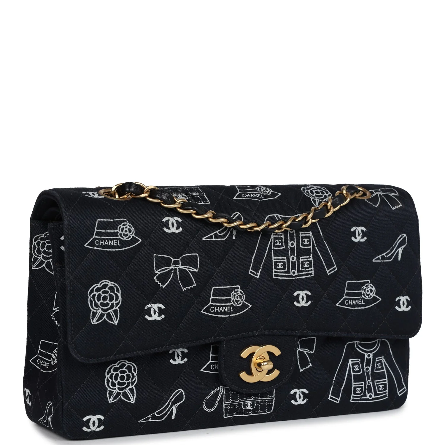 Vintage  Medium Icon Print Double Flap Bag Navy Canvas Brushed Gold Hardware
