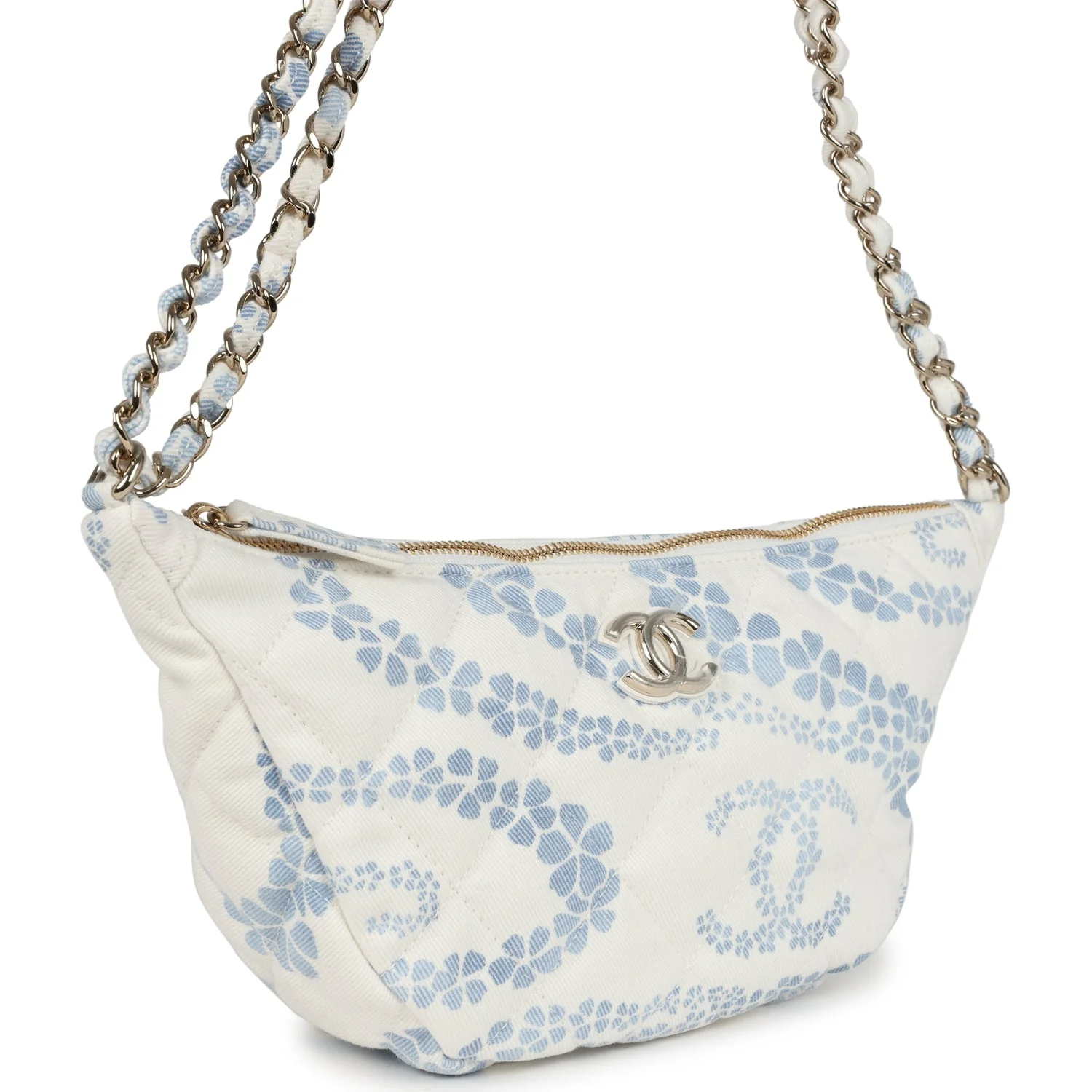 Large Coco Beach Hobo Bag in White and Blue Denim Light Gold Hardware
