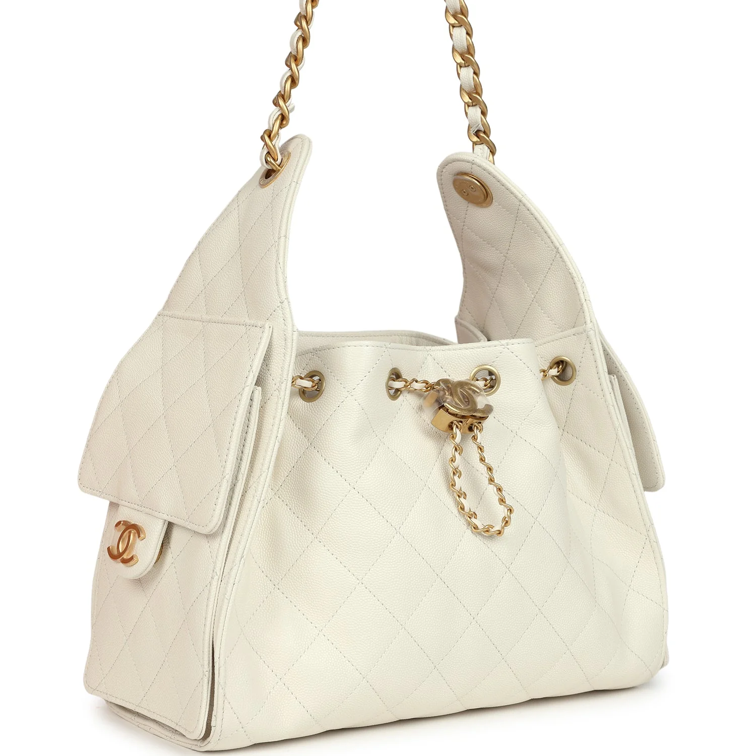 Small 25 Hobo Bag White Caviar Antique Gold Hardware